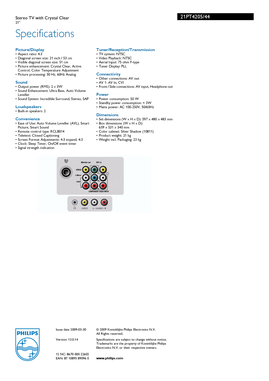 Philips 21PT4205 manual Specifications 