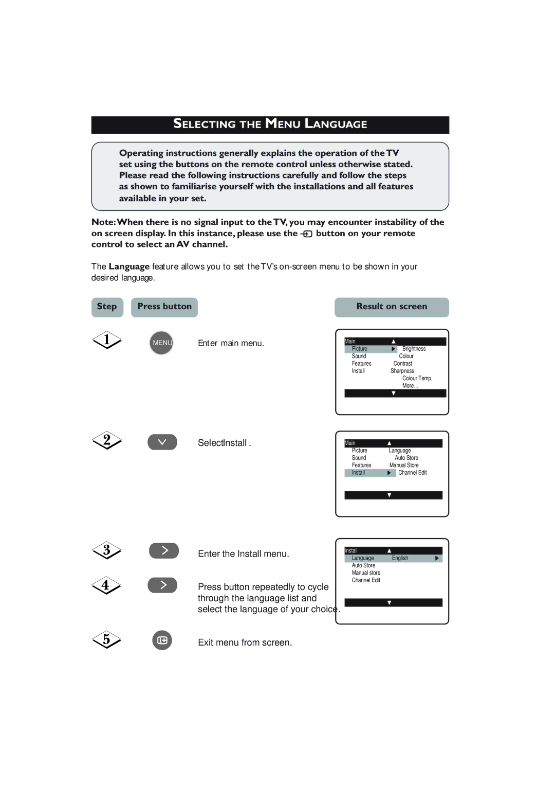 Philips 21PT4223, 21PT3323 operating instructions Selecting the Menu Language, Step Press button Result on screen 