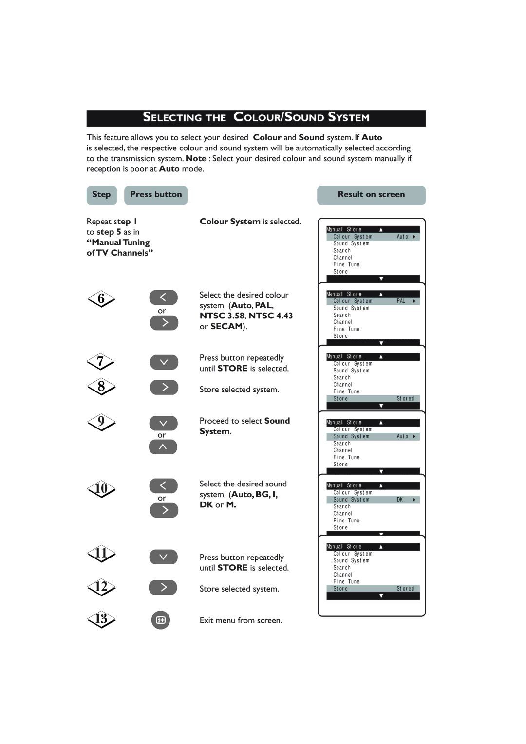 Philips 21PT4223 Selecting the COLOUR/SOUND System, Manual Tuning of TV Channels Colour System is selected, ˙ DK or M 