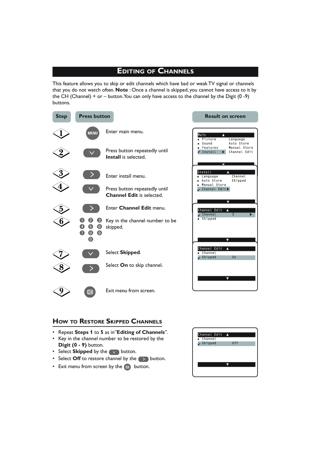 Philips 21PT4223, 21PT3323 operating instructions Editing of Channels, Channel Edit is selected, Enter Channel Edit menu 