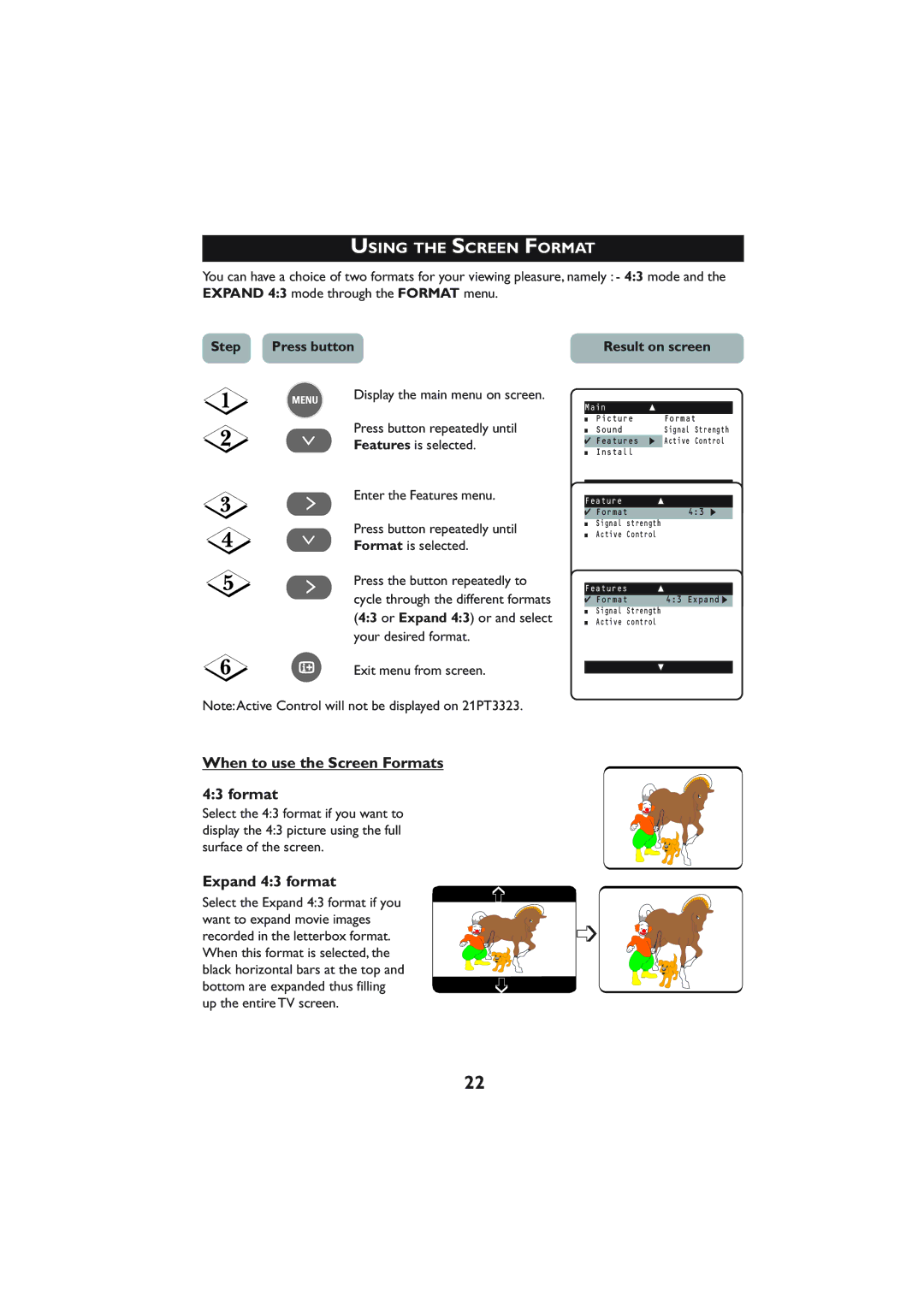 Philips 21PT4223, 21PT3323 operating instructions Using the Screen Format, When to use the Screen Formats, Expand 43 format 