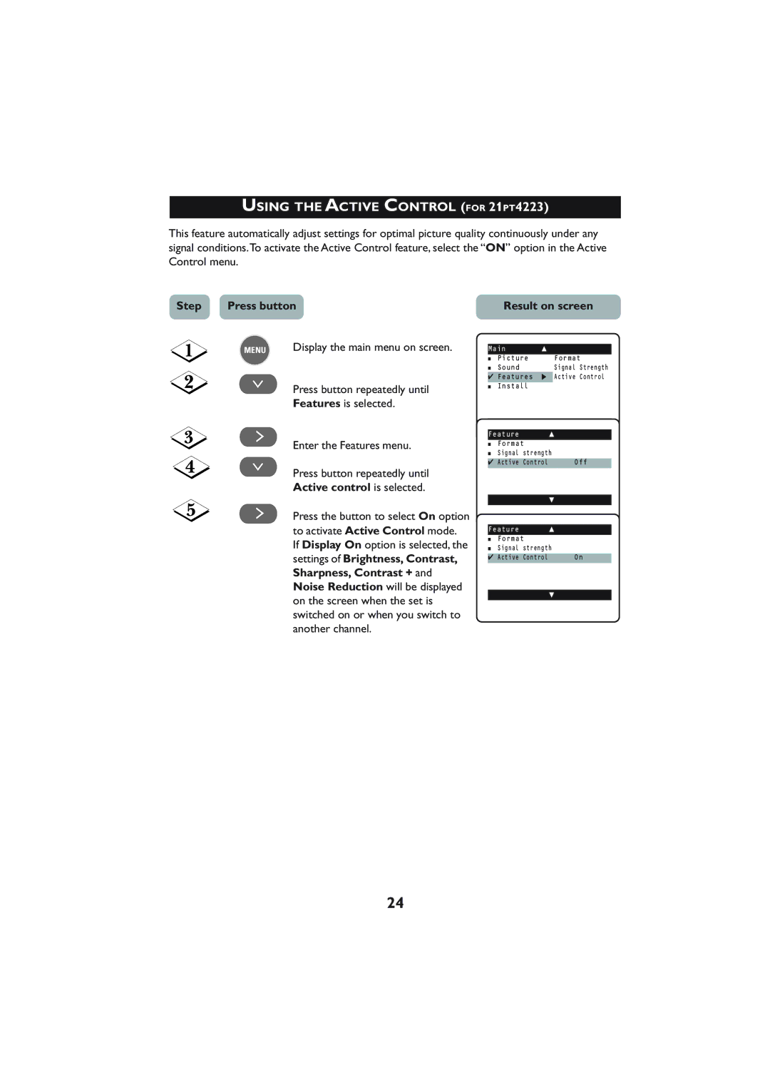 Philips Using the Active Control for 21PT4223, Step Press button, Active control is selected, Sharpness, Contrast + 