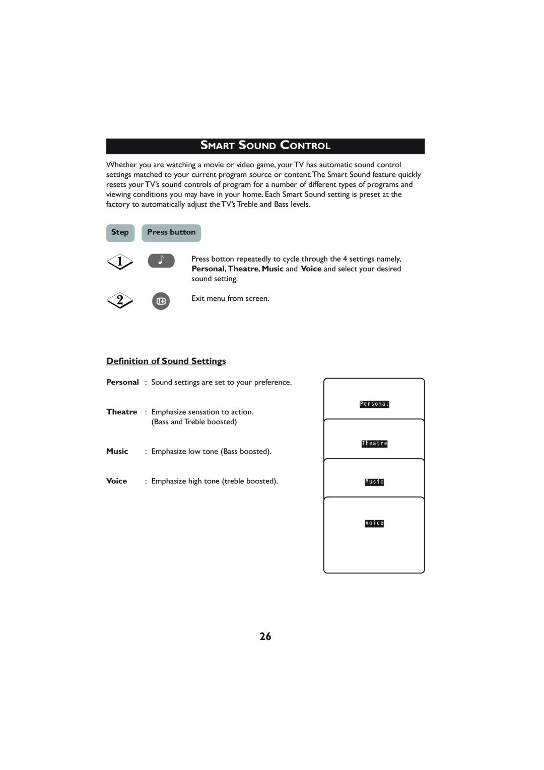 Philips 21PT4223, 21PT3323 operating instructions Smart Sound Control, Definition of Sound Settings 