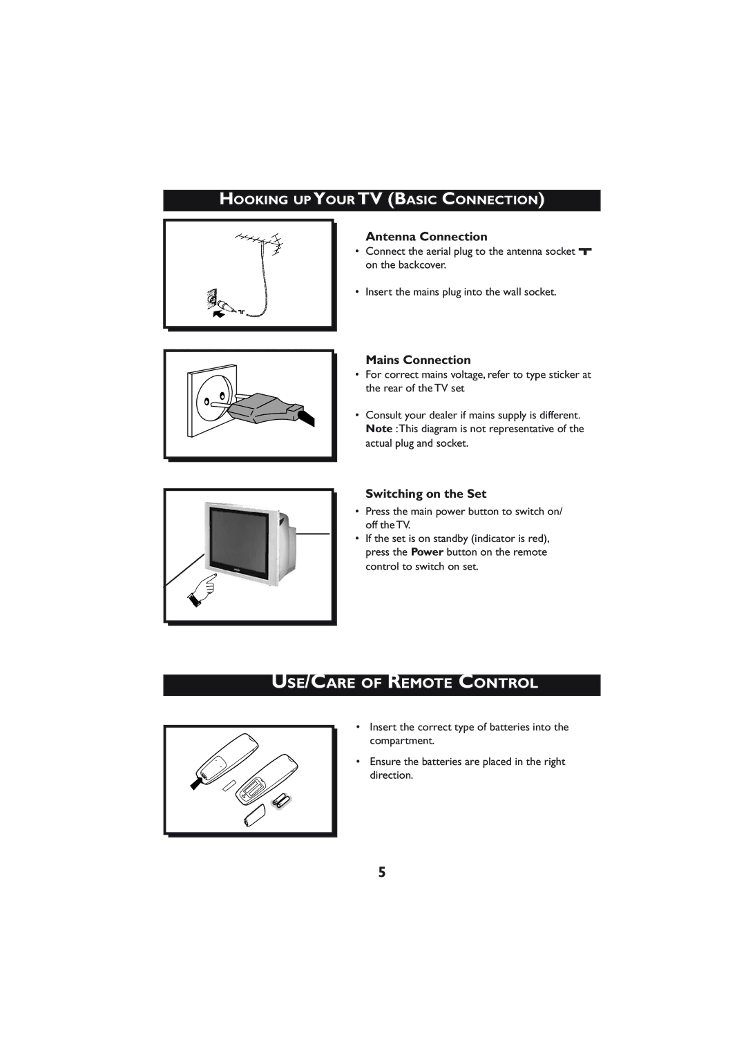 Philips 21PT3323, 21PT4223 Hooking UP Your TV Basic Connection, Antenna Connection, Mains Connection, Switching on the Set 