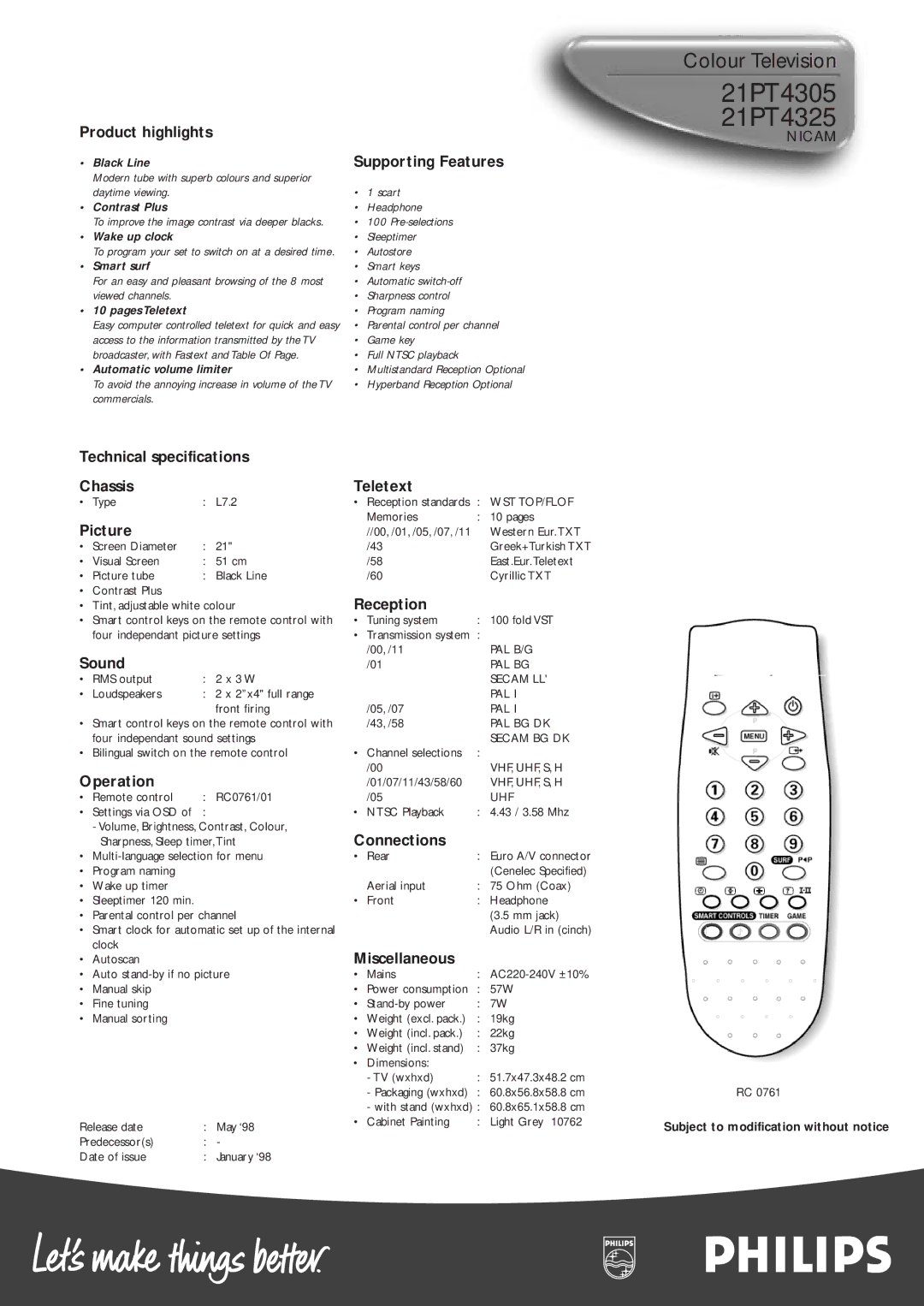 Philips 21PT4305, 21PT4325 Technical specifications Chassis, Picture, Sound, Operation, Teletext, Reception, Connections 