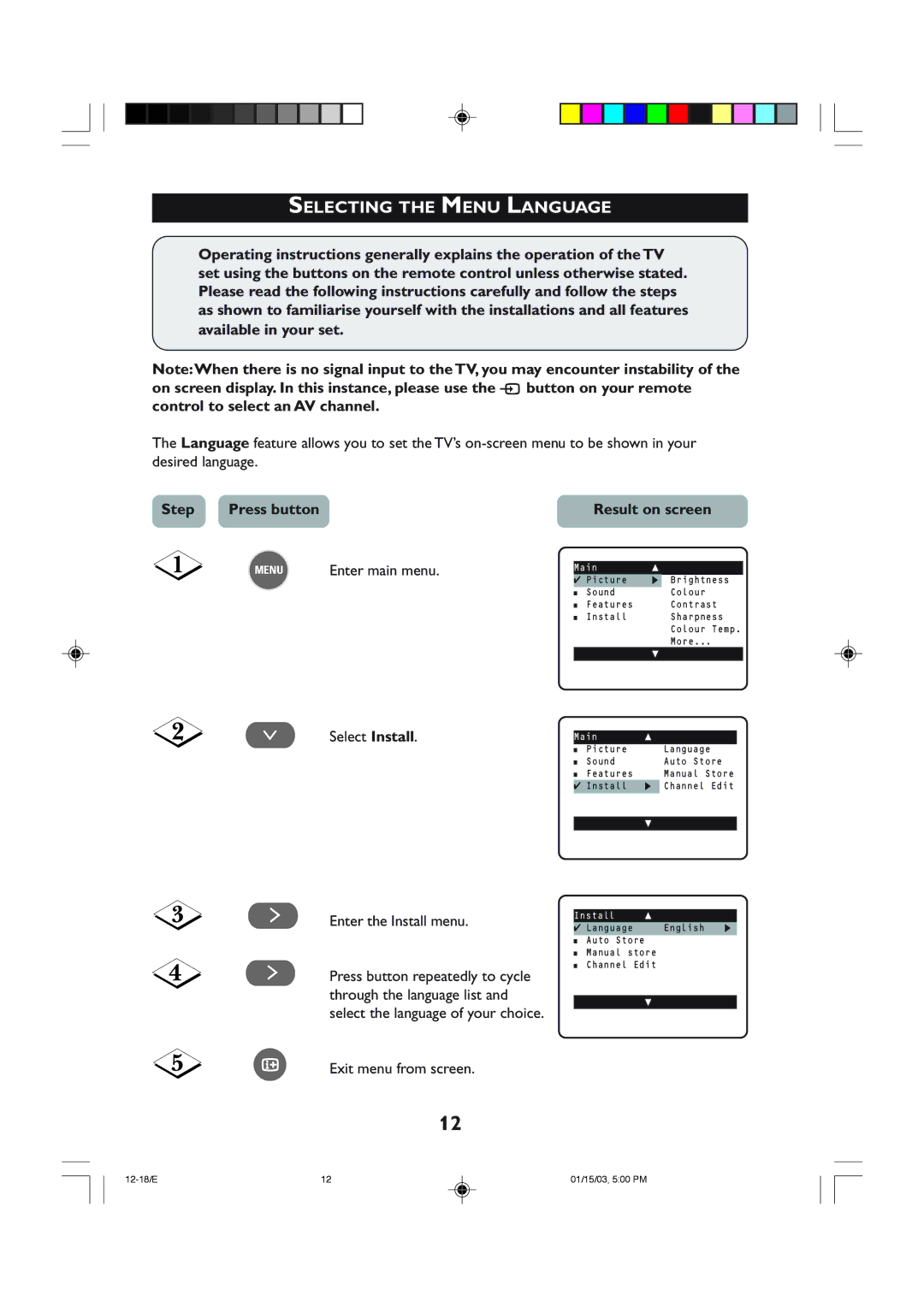 Philips 21PT4323 operating instructions Selecting the Menu Language, Step Press button Result on screen 