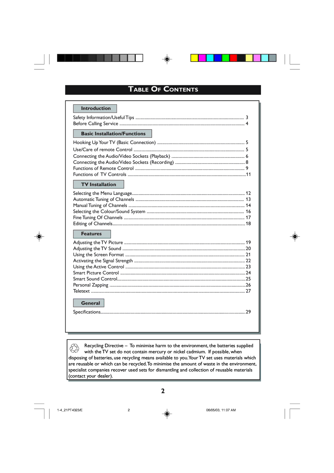 Philips 21PT4323 operating instructions Table of Contents 