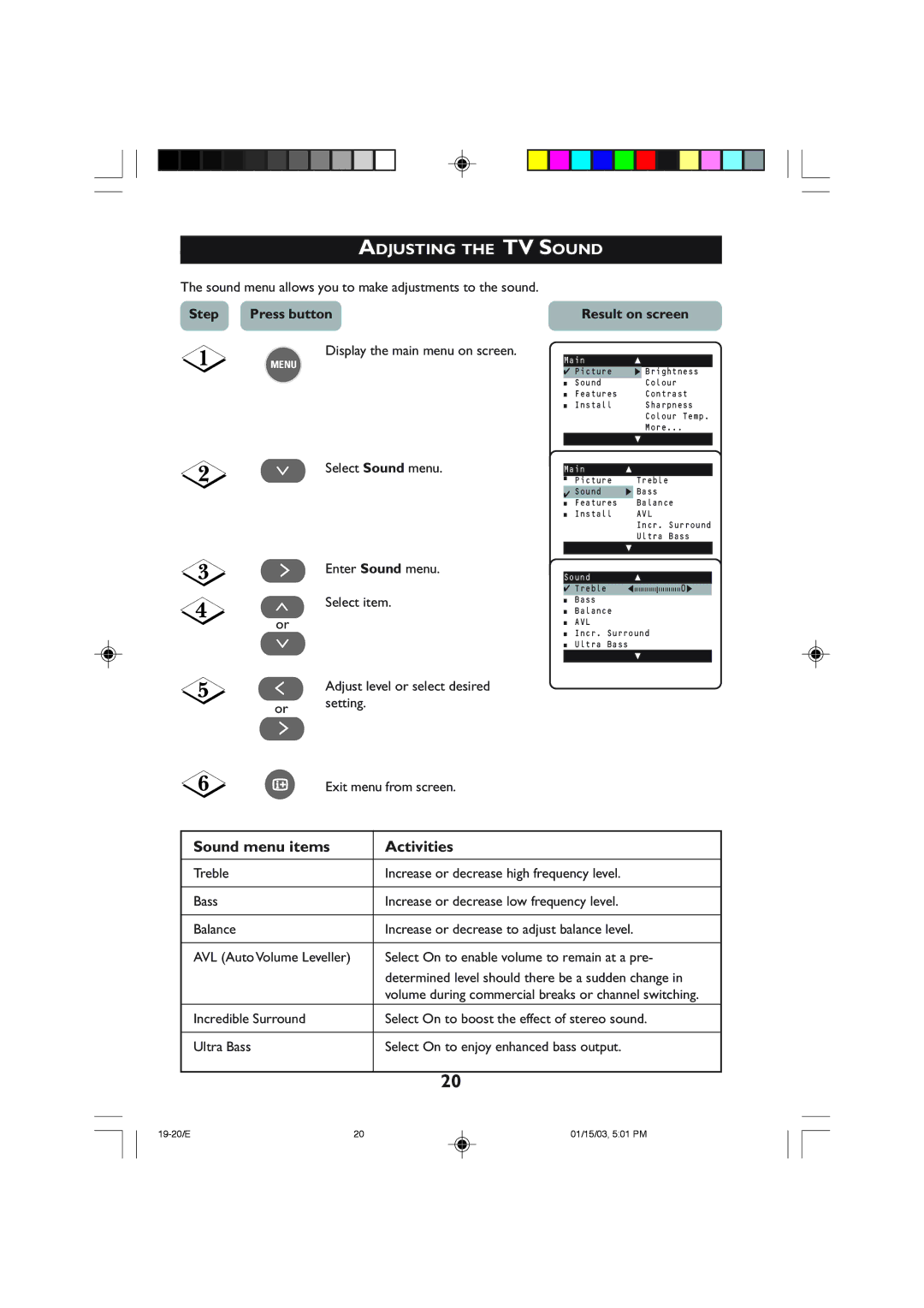 Philips 21PT4323 operating instructions Adjusting the TV Sound, Sound menu items Activities 