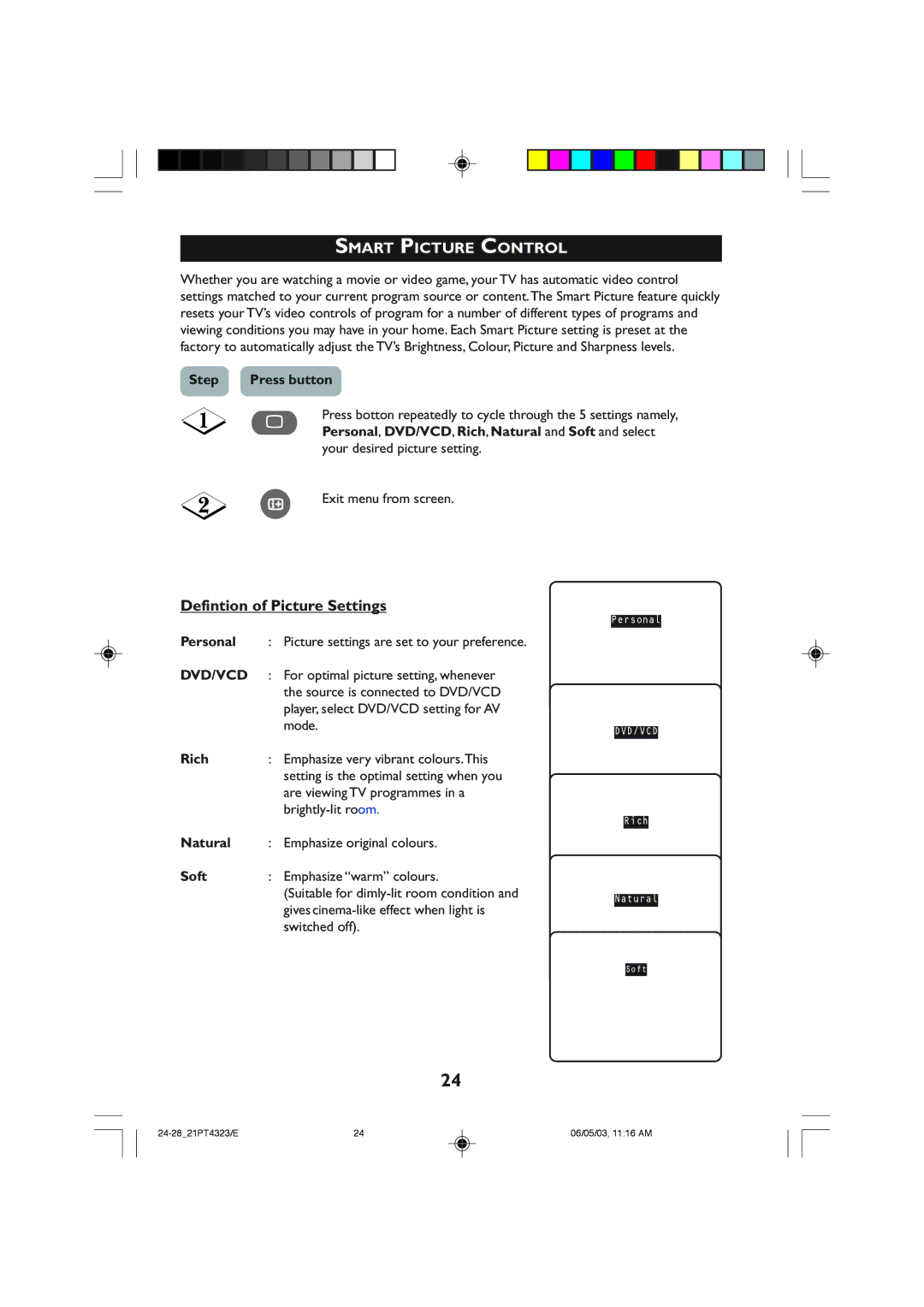 Philips 21PT4323 operating instructions Smart Picture Control, Defintion of Picture Settings 