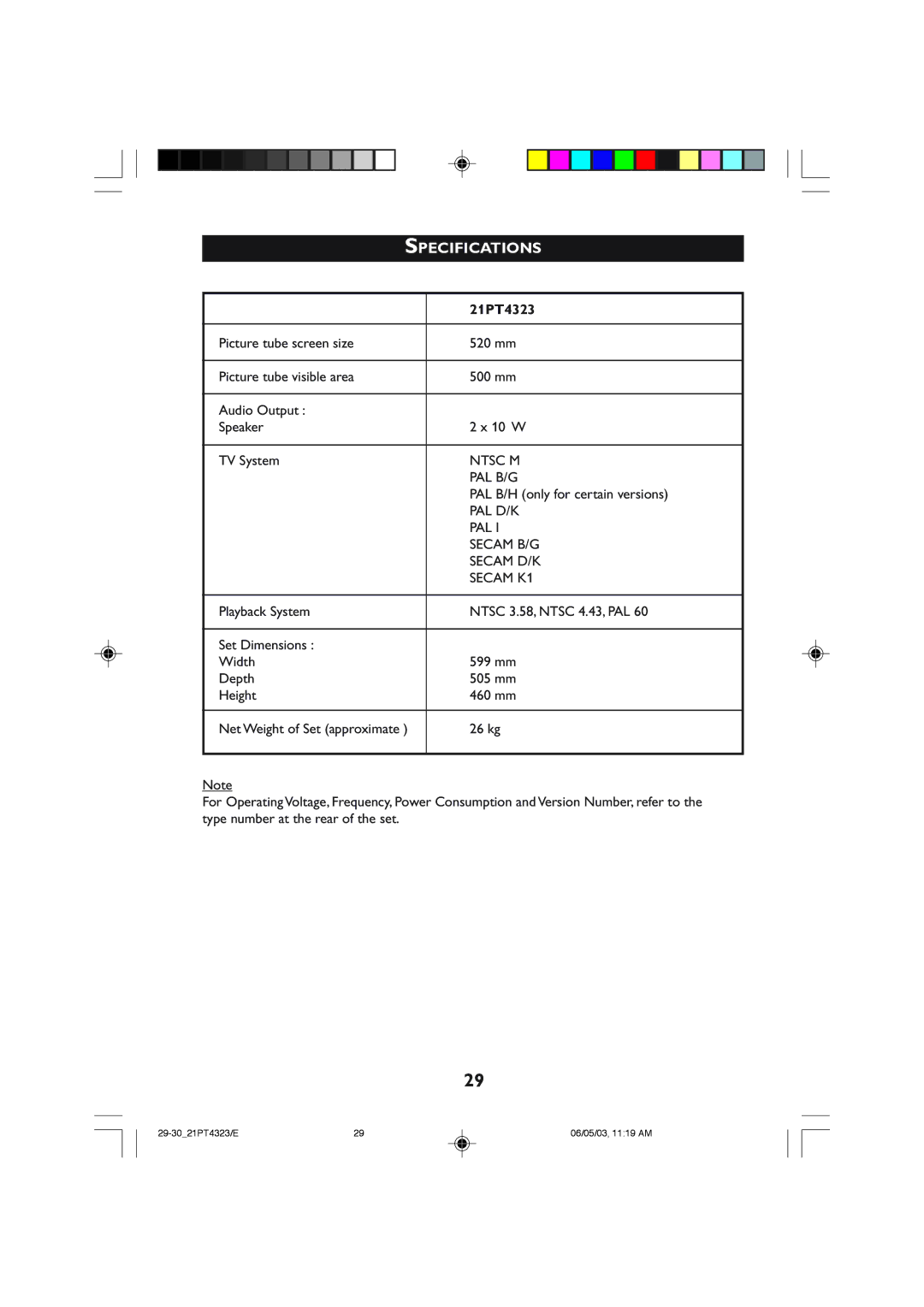 Philips 21PT4323 operating instructions Specifications 