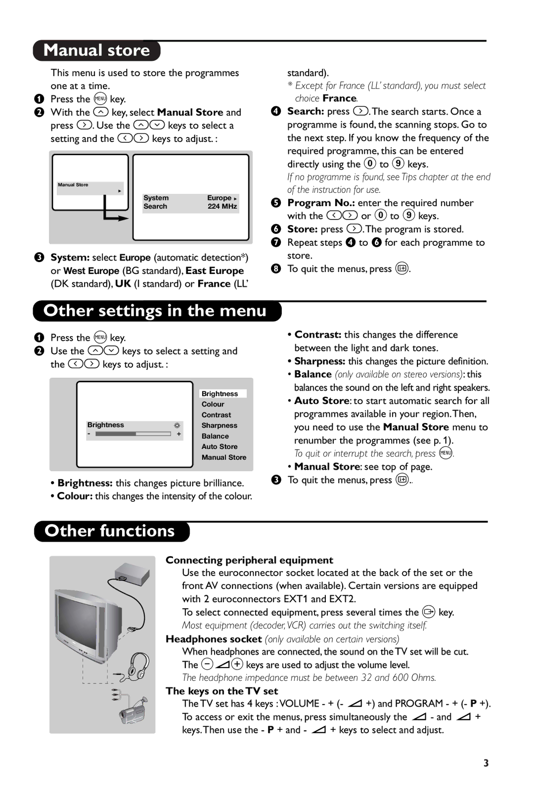 Philips 21PT4420/05 manual Manual store, Other settings in the menu, Other functions, Connecting peripheral equipment 