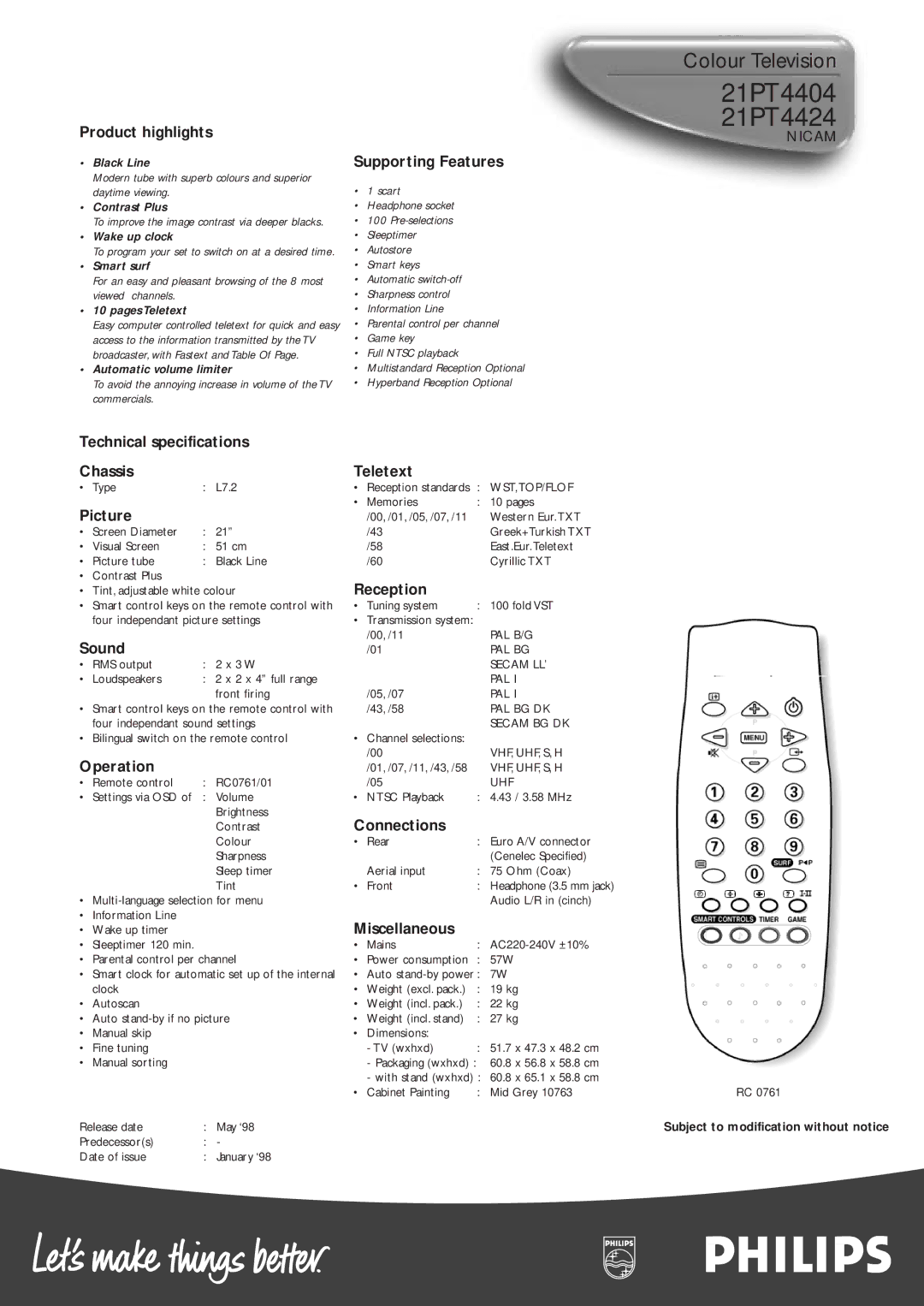 Philips 21PT4424 Product highlights, Supporting Features, Technical specifications Chassis Teletext, Picture, Reception 