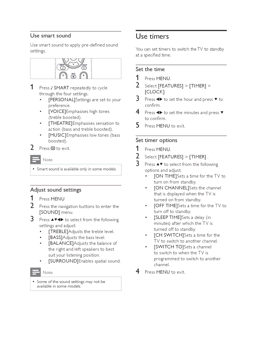 Philips 21PT4439, 21PT4429/94 Use timers, Use smart sound, Adjust sound settings, Set the time, Set timer options 