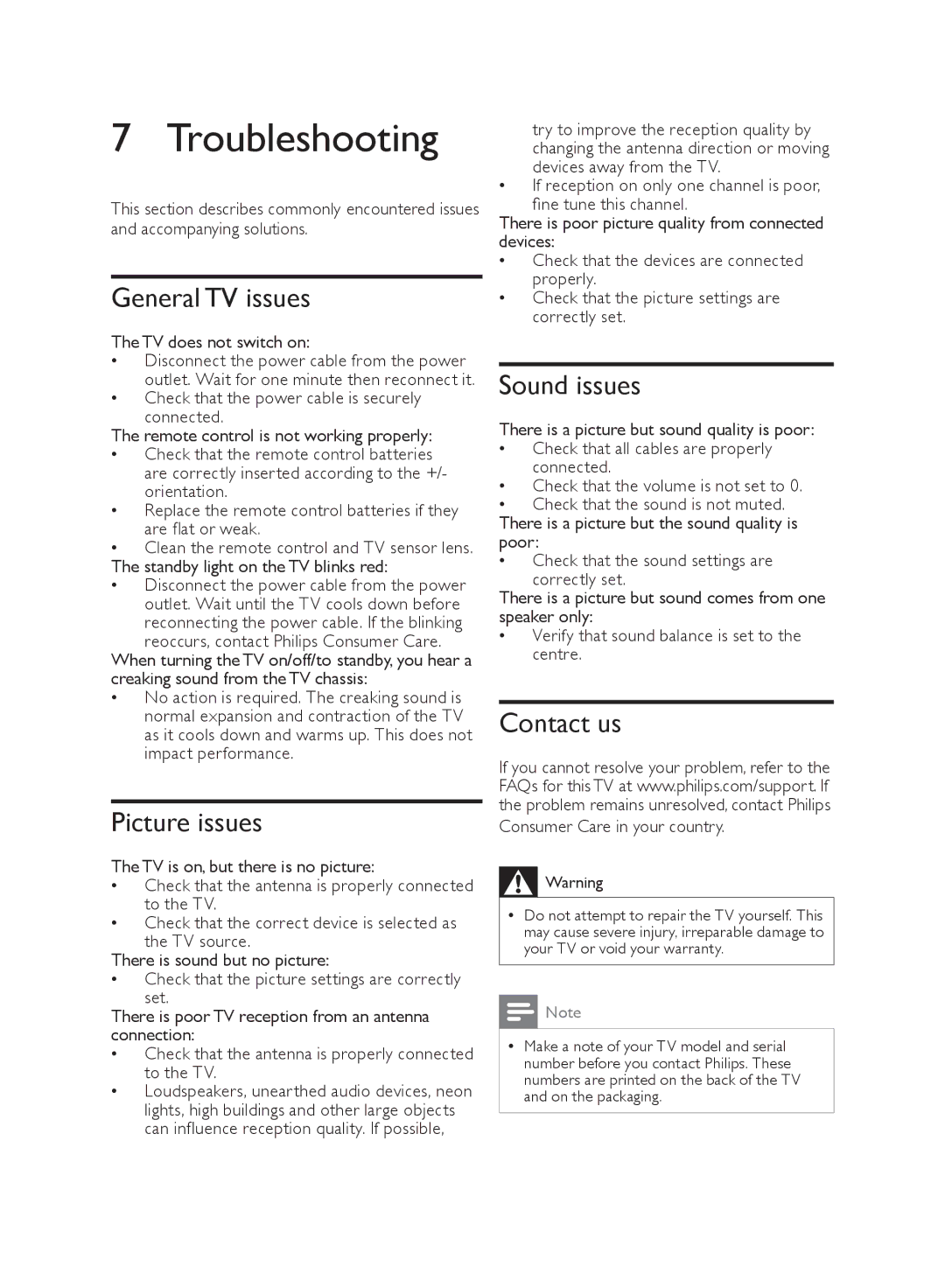 Philips 21PT4429/94, 21PT4439/94 user manual Troubleshooting, General TV issues, Picture issues, Sound issues, Contact us 