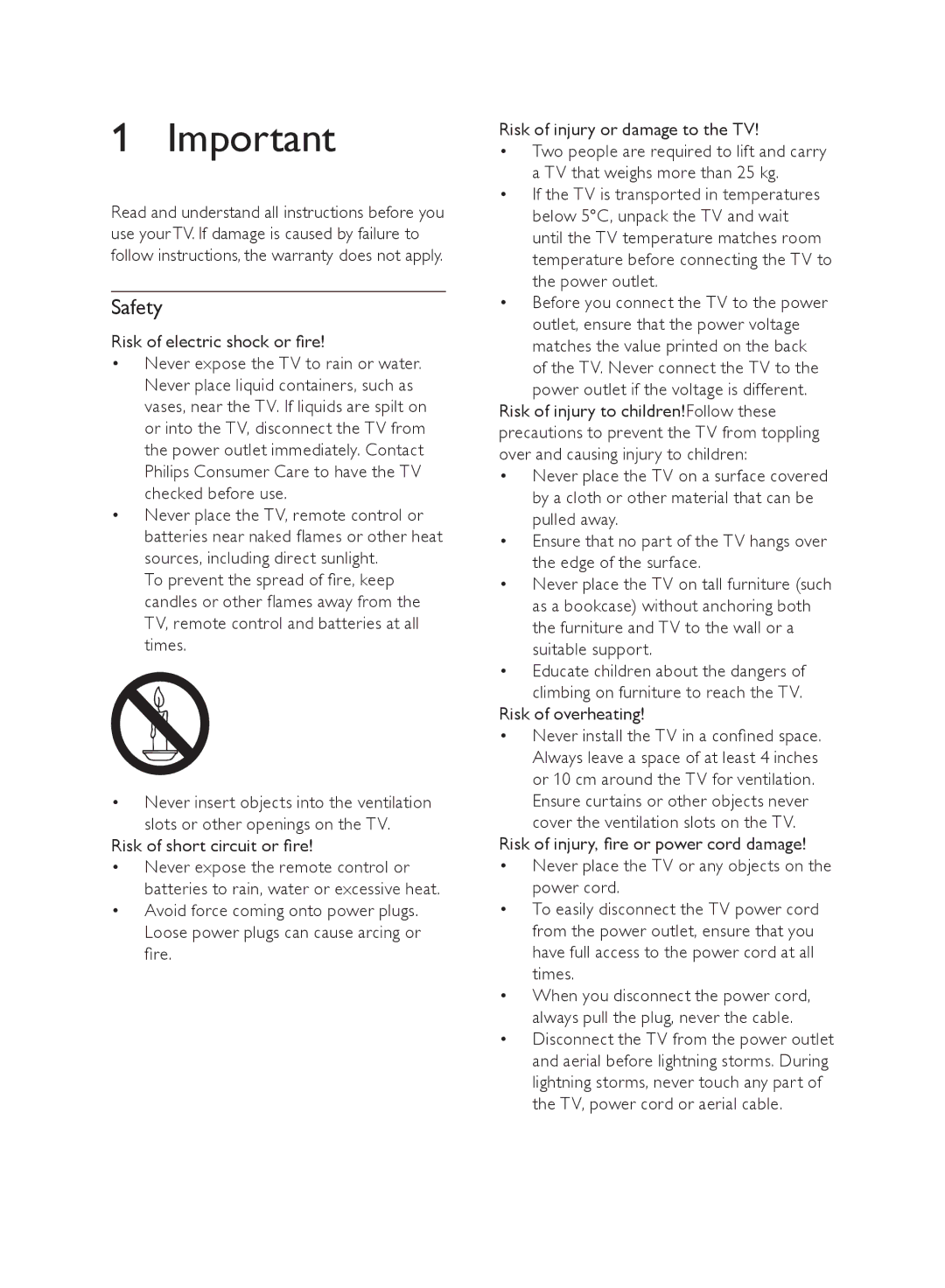 Philips 21PT4429, 21PT4439 user manual Safety, Risk of electric shock or fire, TV, remote control and batteries at all times 