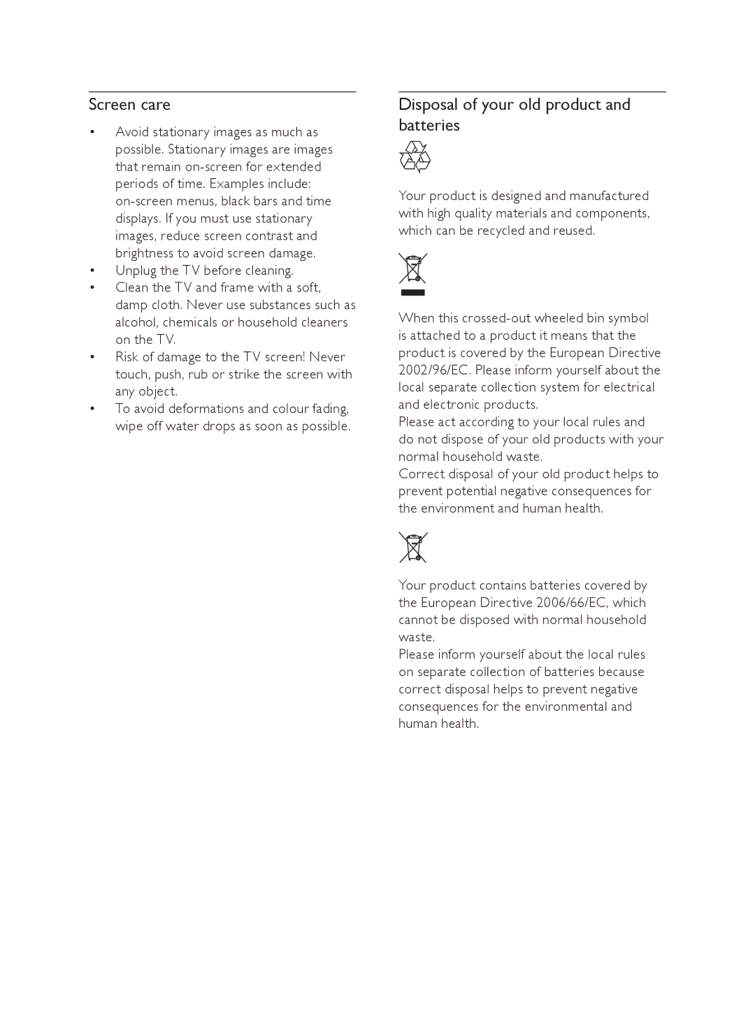 Philips 21PT4429/94, 21PT4439/94 user manual Screen care, Disposal of your old product and batteries 