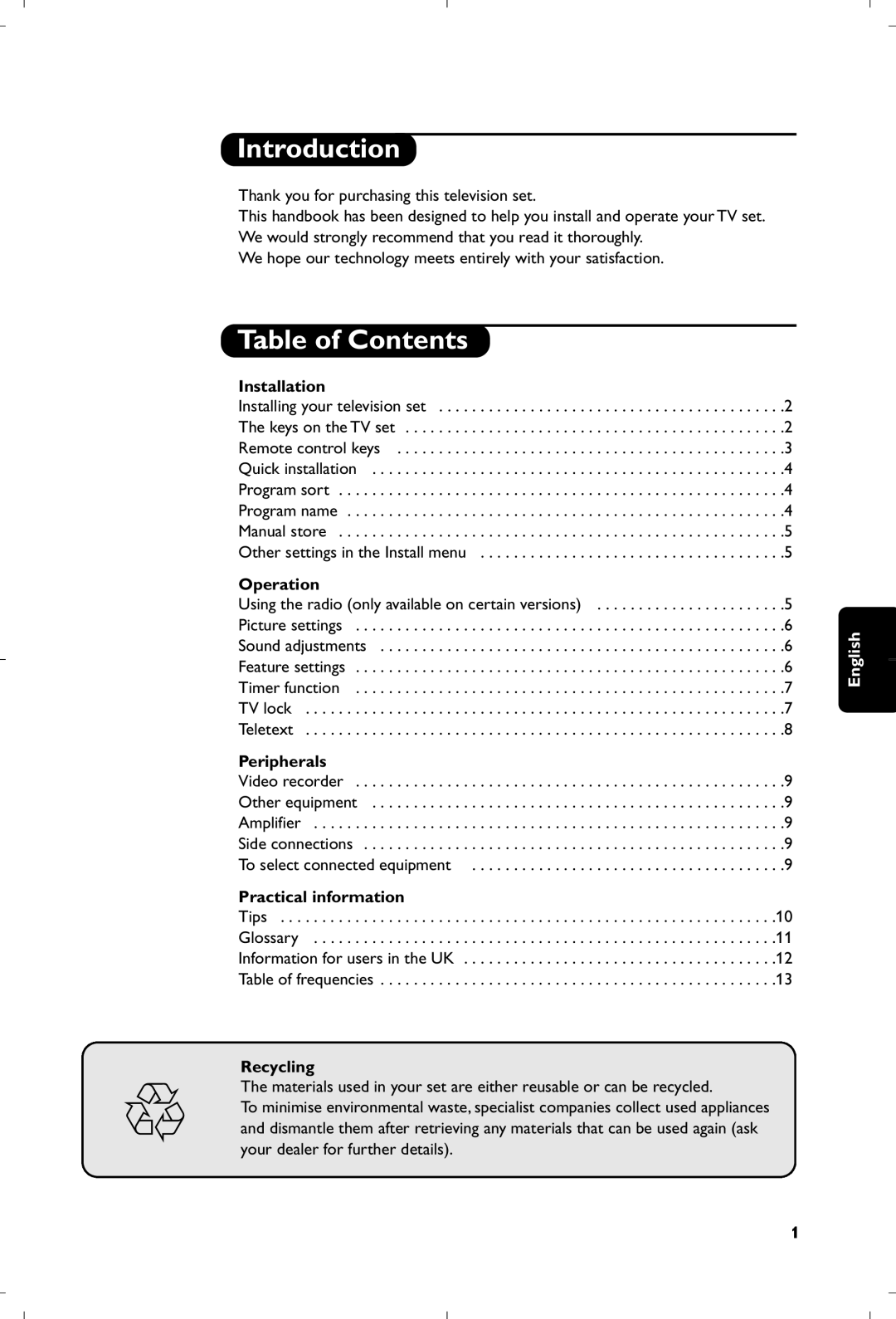 Philips 21PT4457/05 manual Introduction, Table of Contents 