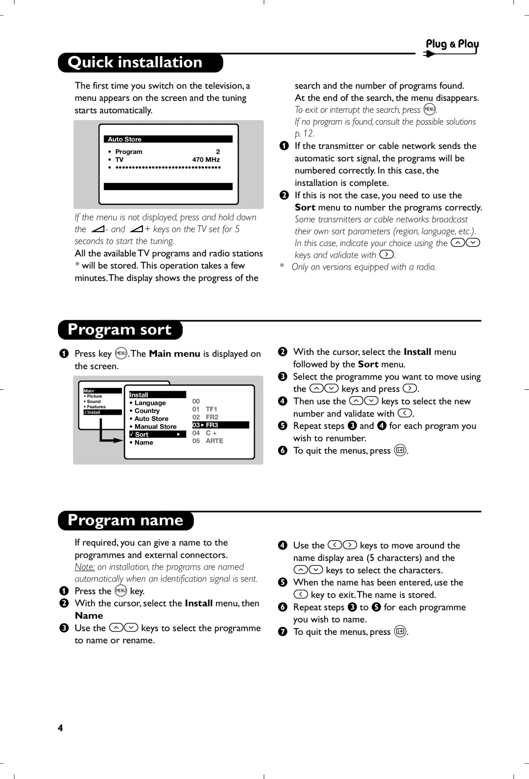 Philips 21PT4457/05 manual Quick installation, Program sort, Program name, Name 