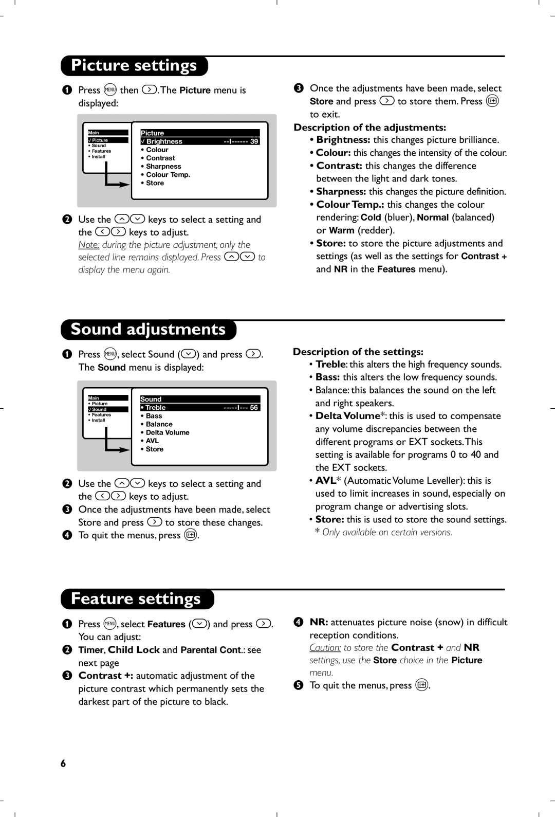 Philips 21PT4457/05 manual Picture settings, Sound adjustments, Feature settings, Description of the adjustments 