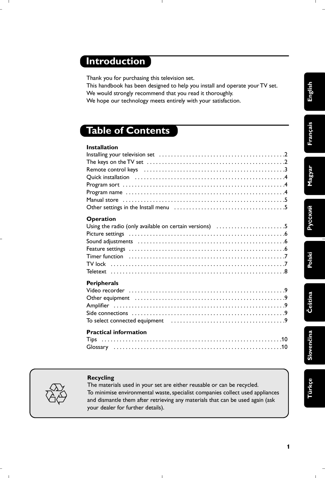 Philips 21PT4457/58 manual Introduction, Table of Contents 