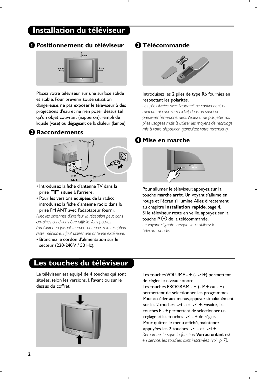 Philips 21PT4457/58 manual Installation du téléviseur, Les touches du téléviseur 