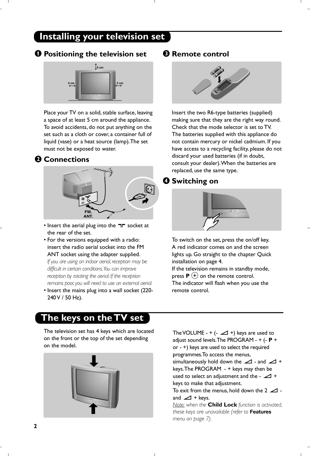 Philips 21PT4457/58 Installing your television set, Keys on the TV set, Positioning the television set Remote control 