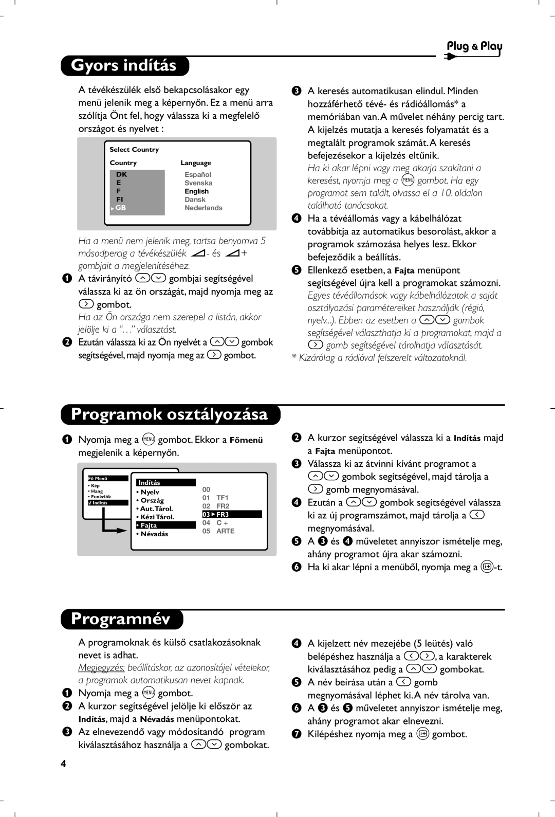 Philips 21PT4457/58 manual Gyors indítás, Programok osztályozása, Programnév 