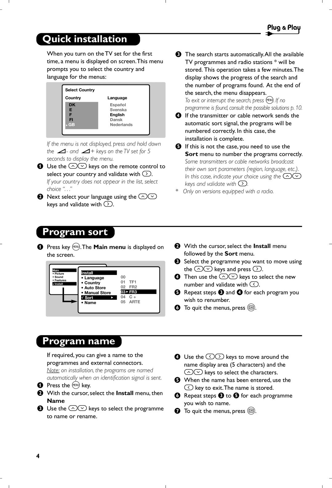 Philips 21PT4457/58 manual Quick installation, Program sort, Program name, Name 