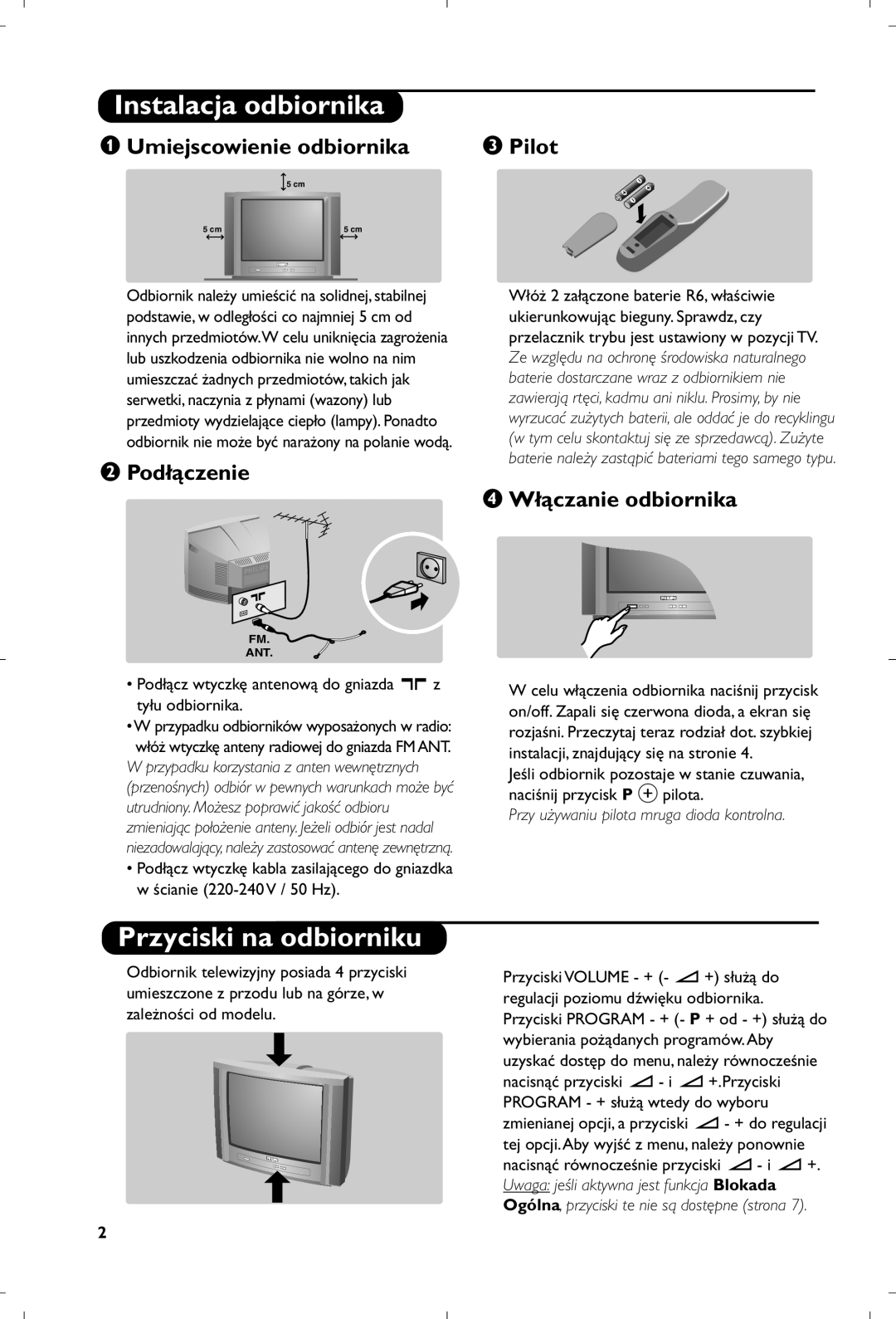 Philips 21PT4457/58 manual Instalacja odbiornika, Przyciski na odbiorniku, Umiejscowienie odbiornika Pilot, Podłączenie 