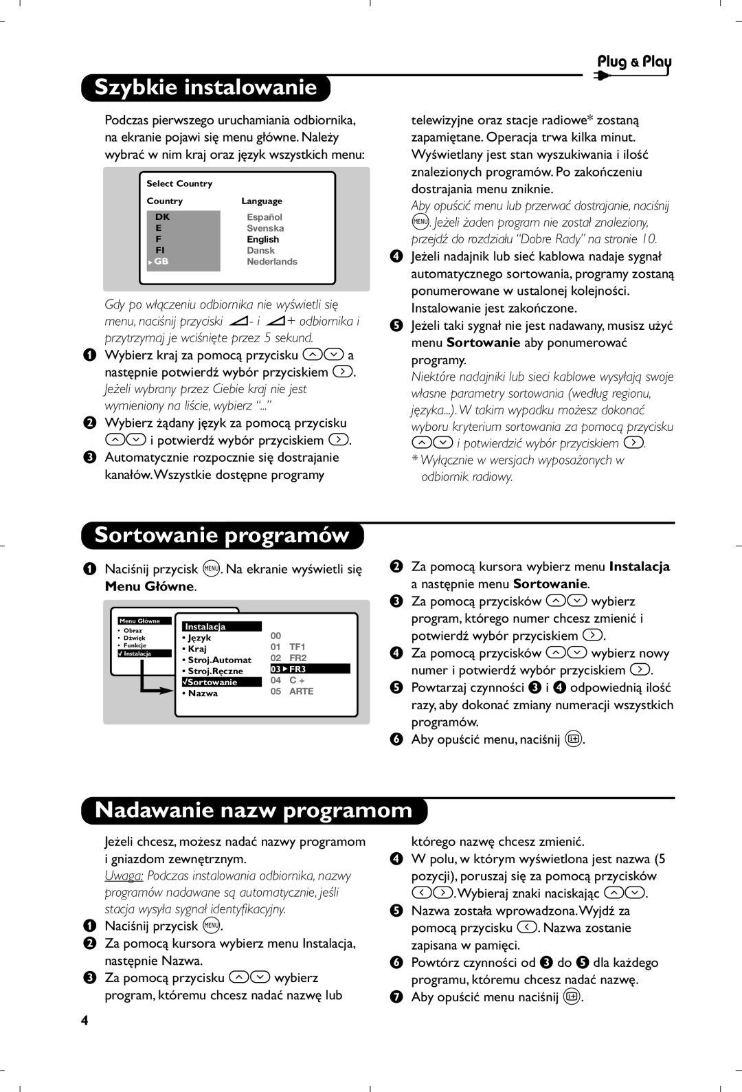 Philips 21PT4457/58 manual Szybkie instalowanie, Sortowanie programów, Nadawanie nazw programom 