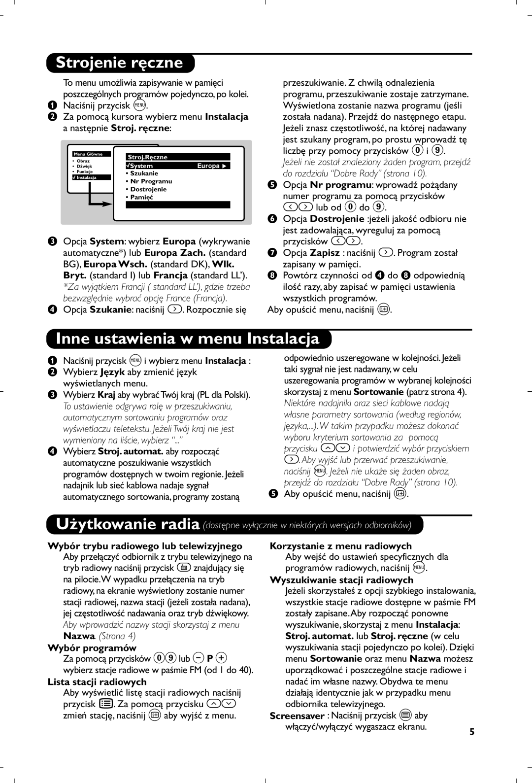 Philips 21PT4457/58 manual Strojenie ręczne, Inne ustawienia w menu Instalacja 