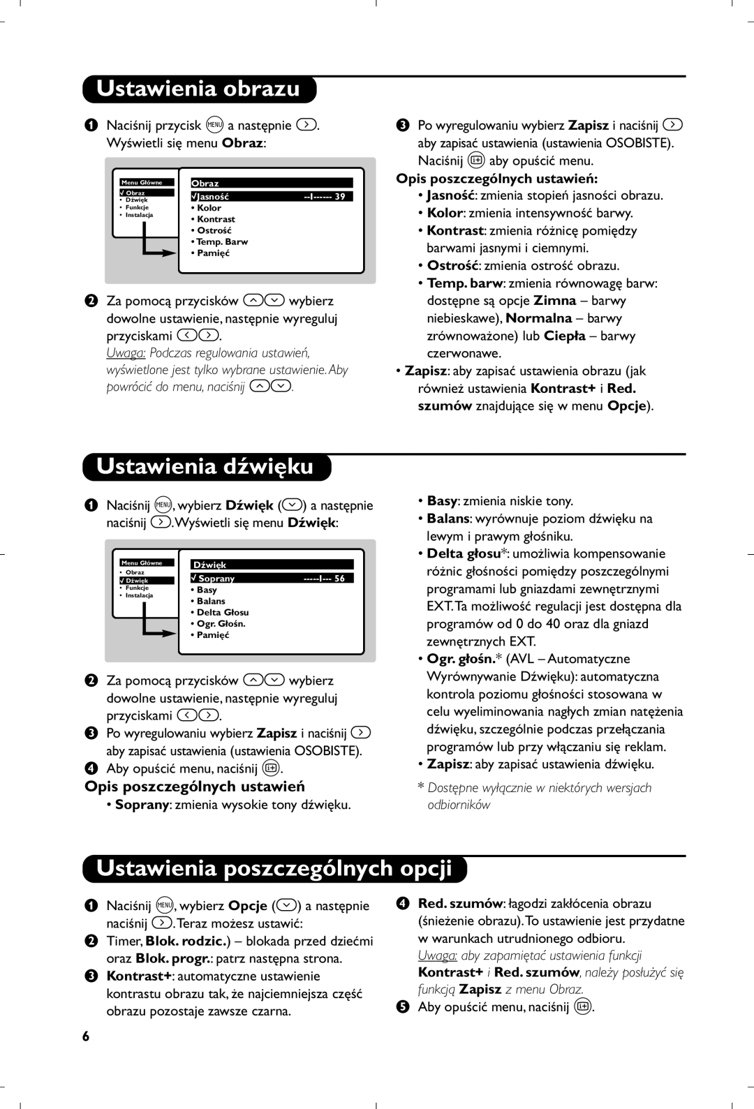 Philips 21PT4457/58 Ustawienia obrazu, Ustawienia dźwięku, Ustawienia poszczególnych opcji, Opis poszczególnych ustawień 