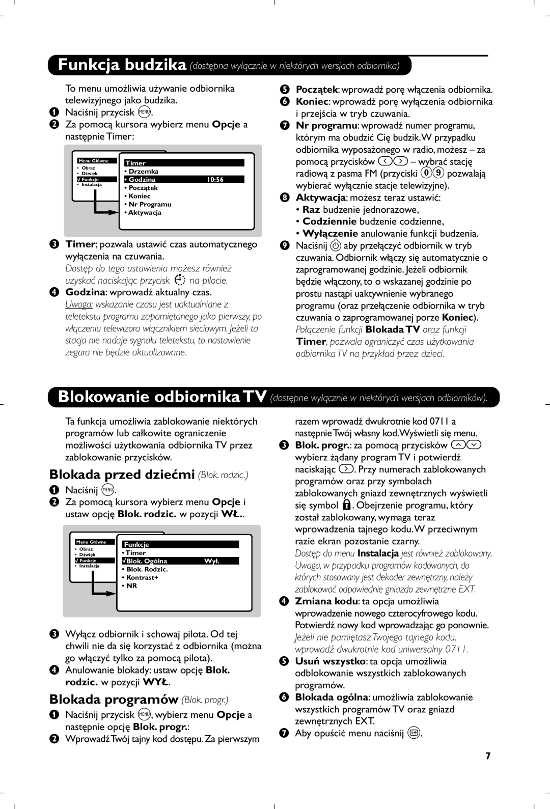 Philips 21PT4457/58 Blokada przed dziećmi Blok. rodzic, Blokada programów Blok. progr, Wprowadź dwukrotnie kod uniwersalny 