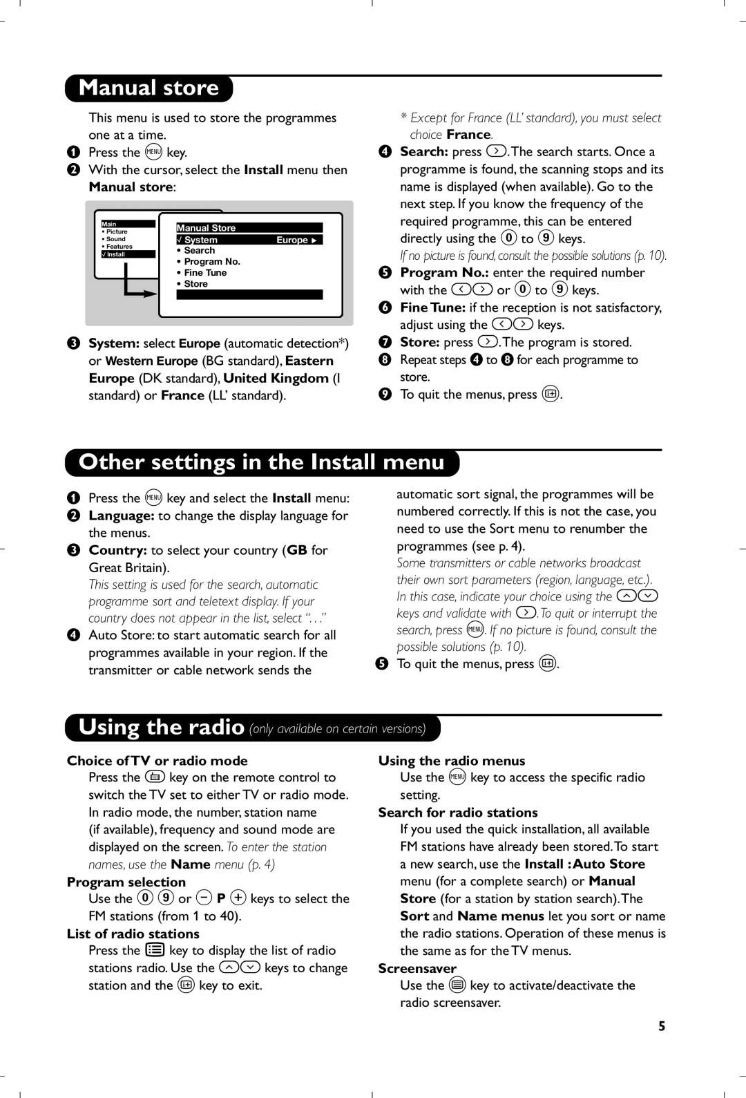 Philips 21PT4457/58 manual Manual store, Other settings in the Install menu 