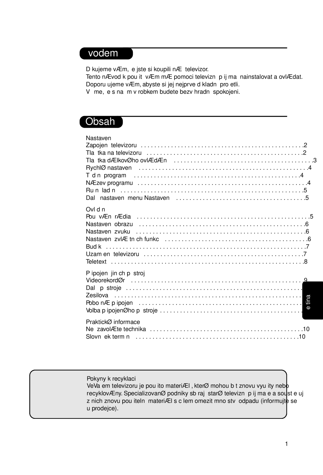 Philips 21PT4457/58 manual Úvodem, Obsah 