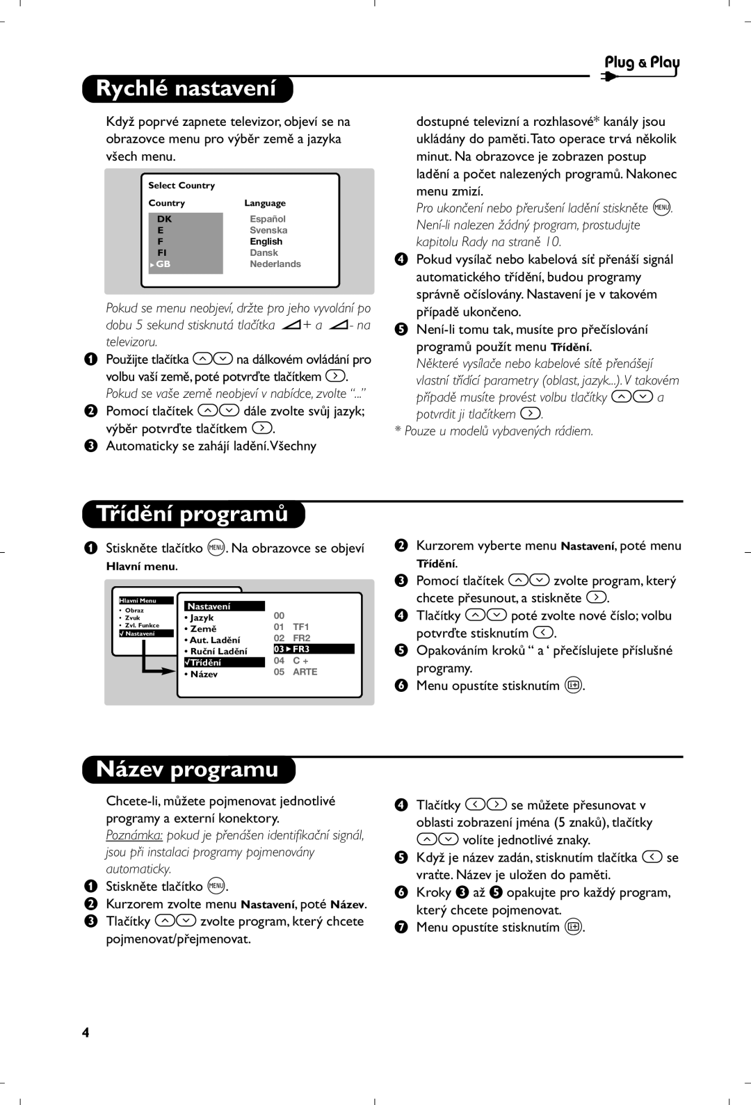 Philips 21PT4457/58 manual Rychlé nastavení, Třídění programů, Název programu 