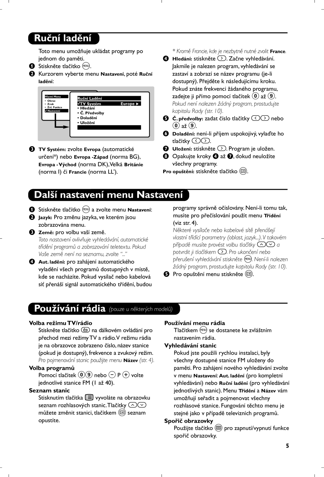 Philips 21PT4457/58 manual Ruční ladění, Další nastavení menu Nastavení 