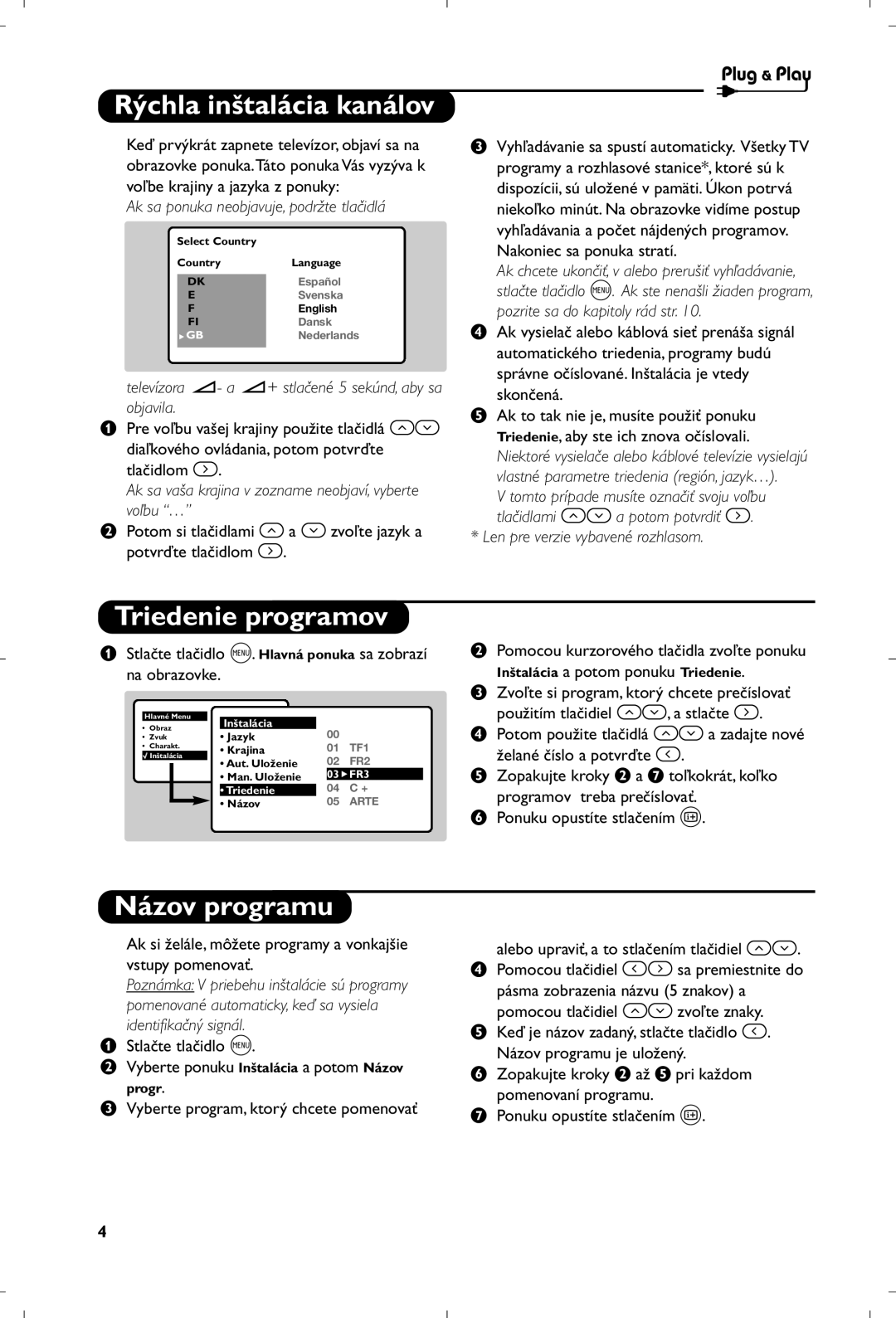 Philips 21PT4457/58 manual Rýchla inštalácia kanálov, Triedenie programov, Názov programu 