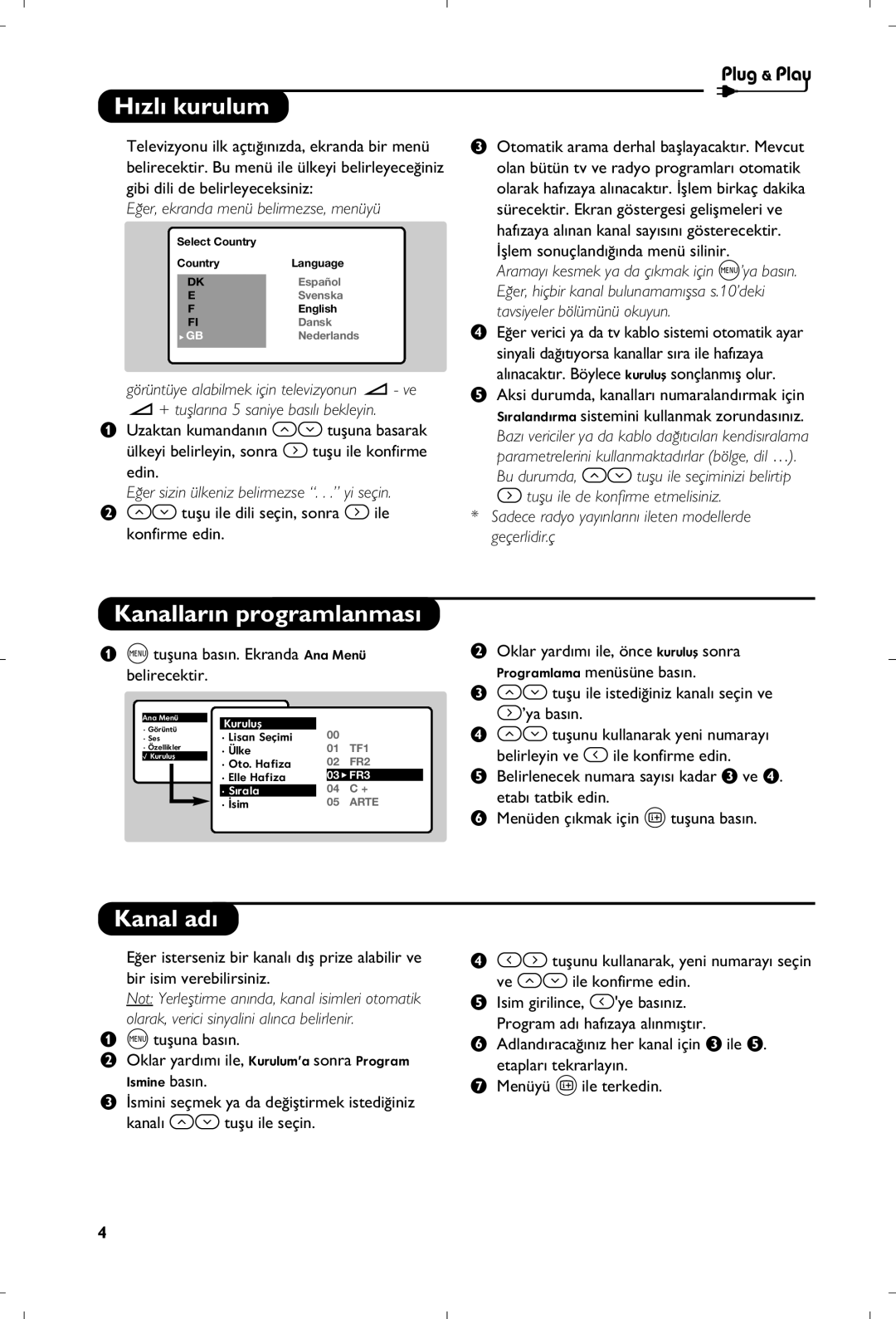 Philips 21PT4457/58 manual ›zl› kurulum, Kanallar›n programlanmas›, Kanal ad›, ¤er, ekranda menü belirmezse, menüyü 