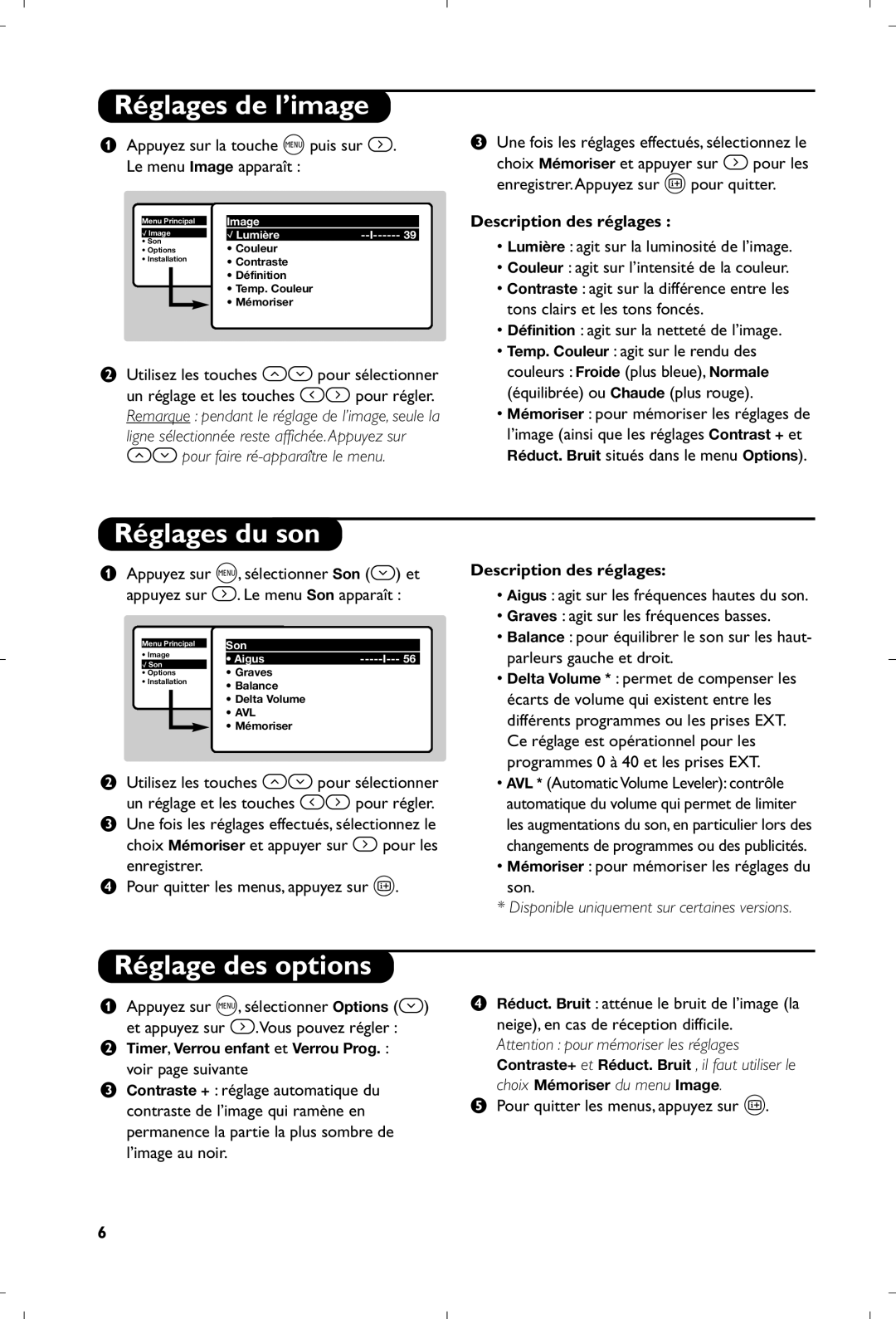 Philips 21PT4457/58 manual Réglages de l’image, Réglages du son, Réglage des options, Description des réglages 