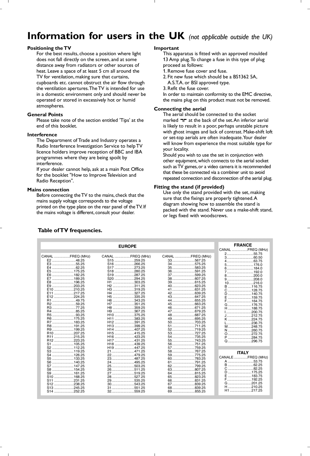 Philips 21PT4458/05 manual Table of TV frequencies 