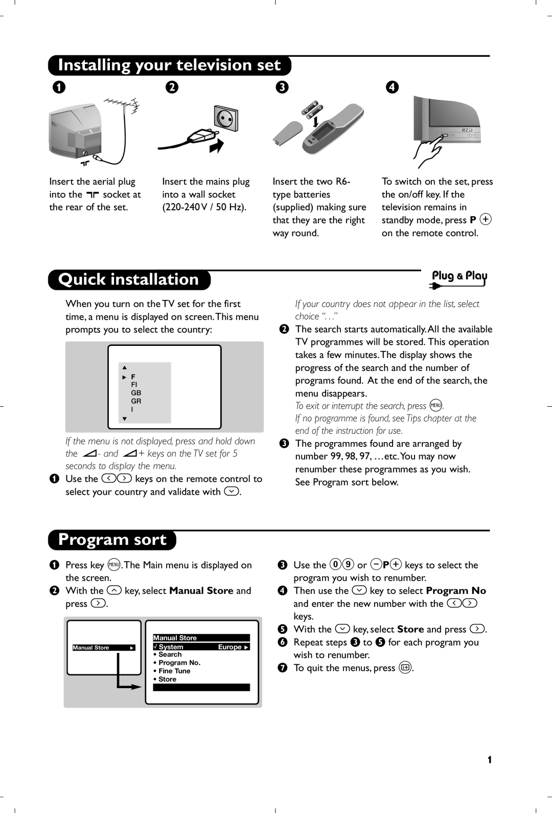 Philips 21PT4458/05 manual Installing your television set, Quick installation, Program sort 