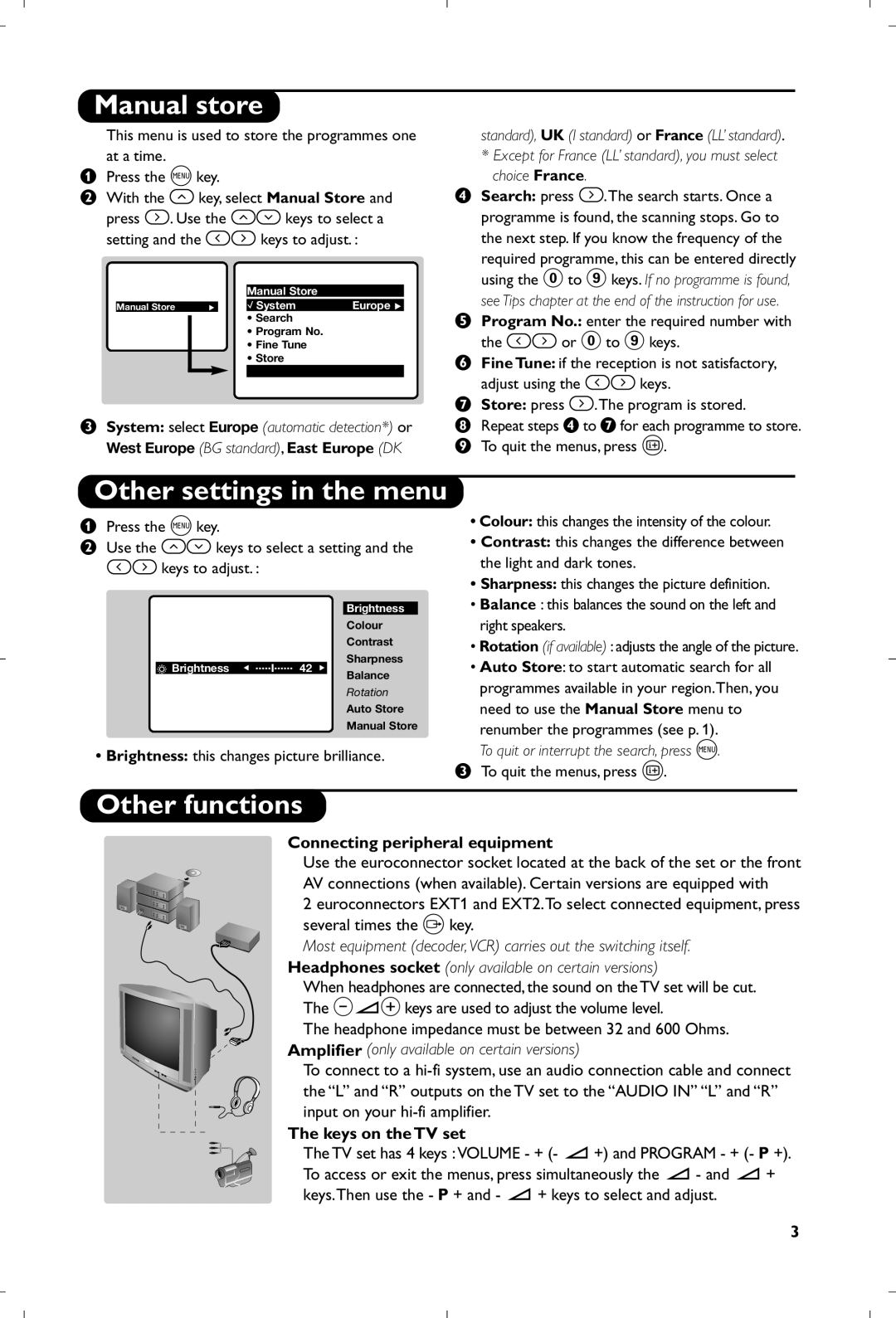 Philips 21PT4458/05 manual Manual store, Other settings in the menu, Other functions, Connecting peripheral equipment 