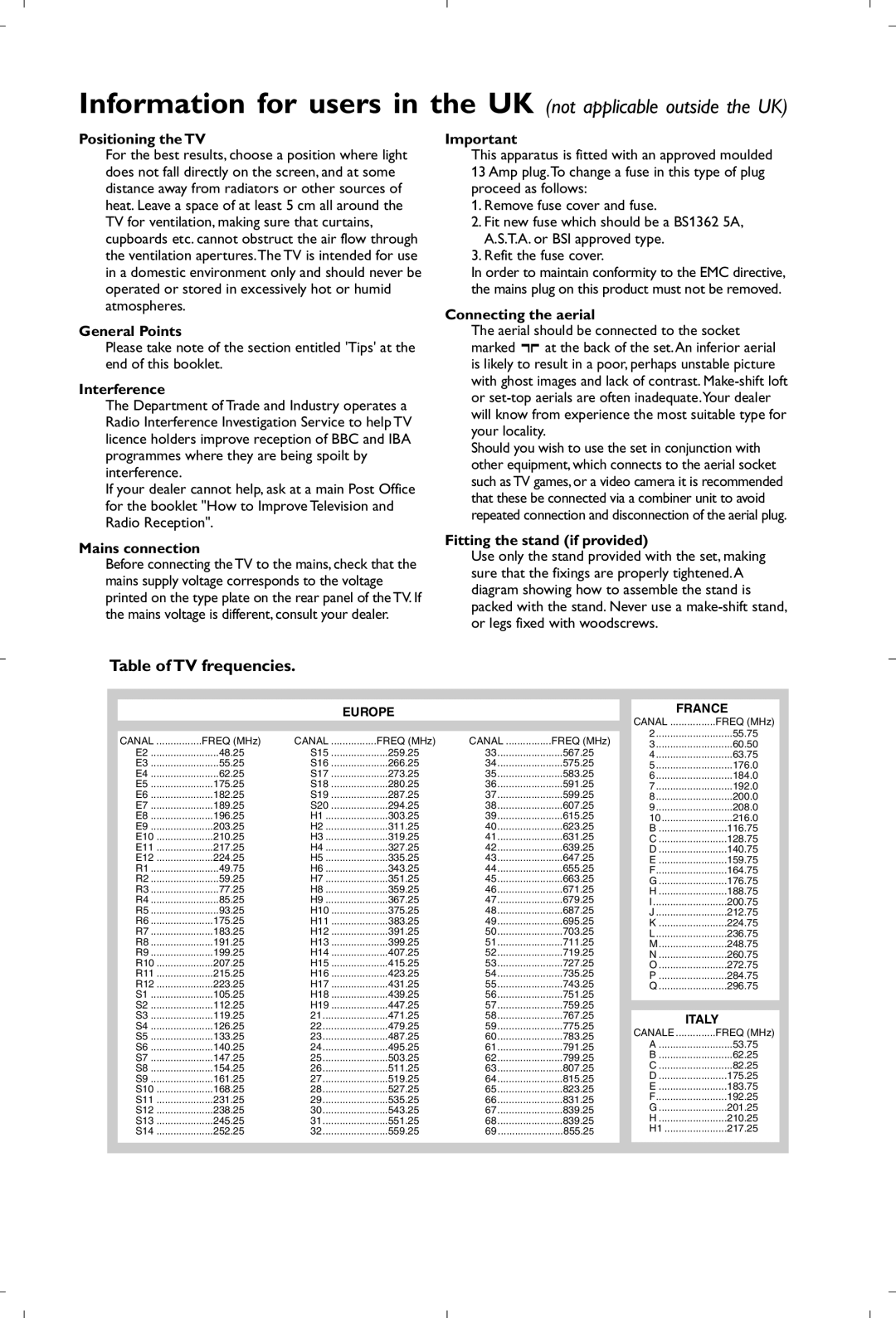 Philips 21PT4458/05 Table of TV frequencies, Information for users in the UK not applicable outside the UK, General Points 