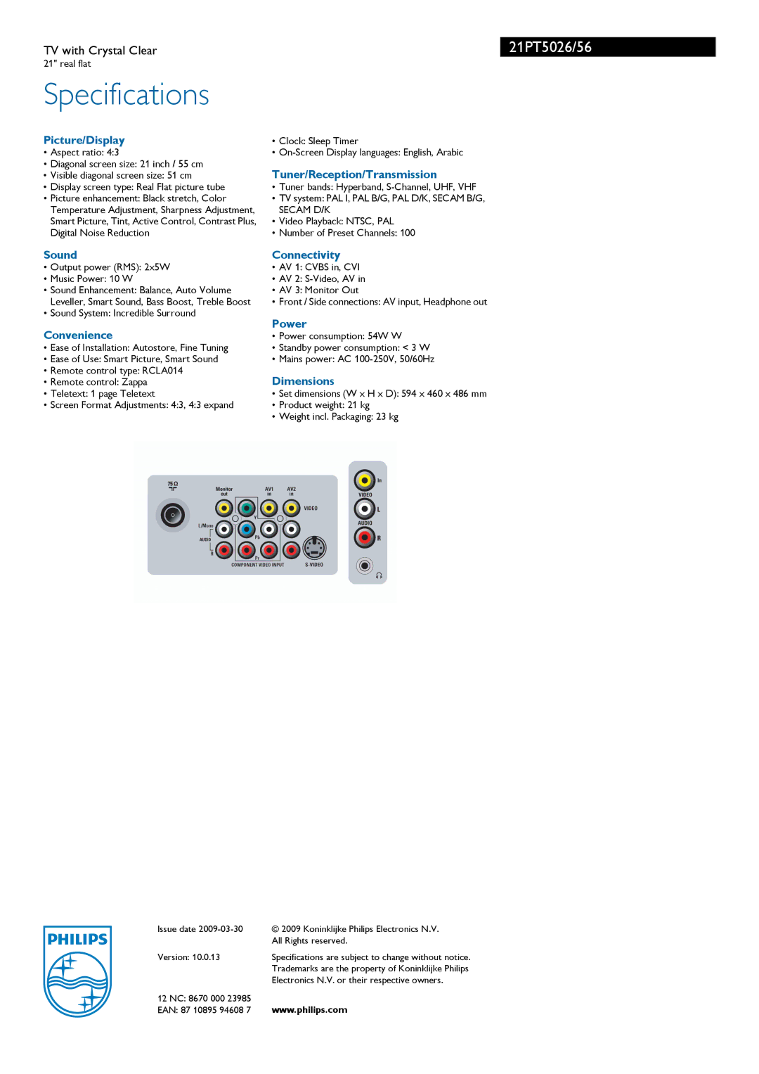 Philips 21PT5026/56 manual Specifications 