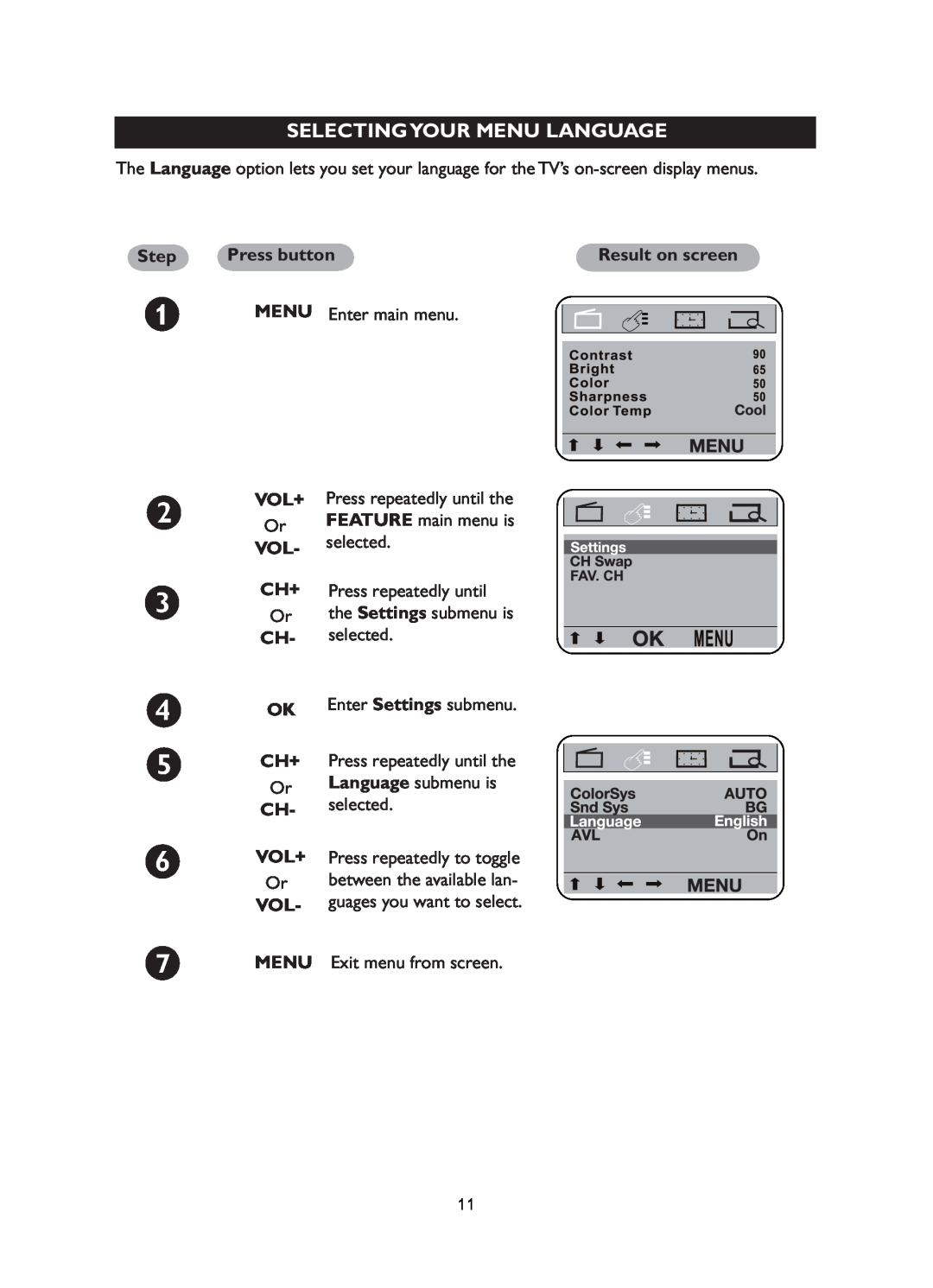 Philips 21PT5017, 21PT5027, 21PT5007 user manual Selectingyour Menu Language, Press button, Vol Ch+, Ch Ok Ch+, Ch Vol+, Step 