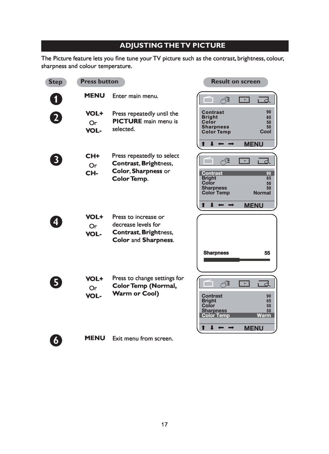 Philips 21PT5017 Adjusting The Tv Picture, Or Contrast, Brightness CH- Color, Sharpness or Color Temp, Color Temp Normal 