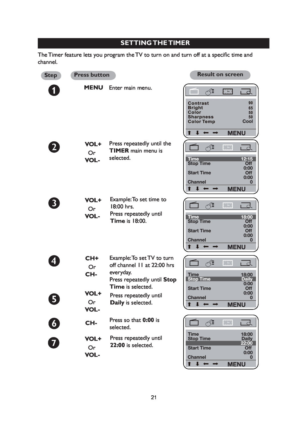 Philips 21PT5027, 21PT5007, 21PT5017 user manual Setting The Timer, Vol Ch Vol+, Step, Press button, Vol Vol+, Vol Ch+ 