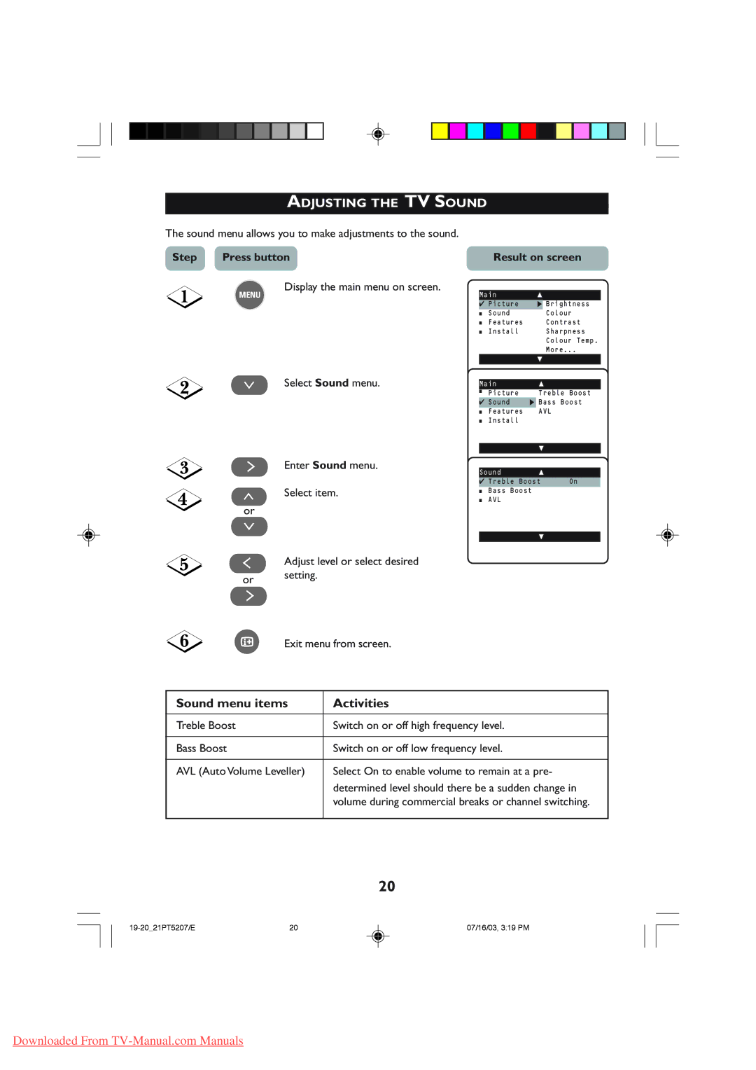 Philips 21PT5107, 21PT5121 Adjusting the TV Sound, Sound menu items Activities, Step Press buttonResult on screen 