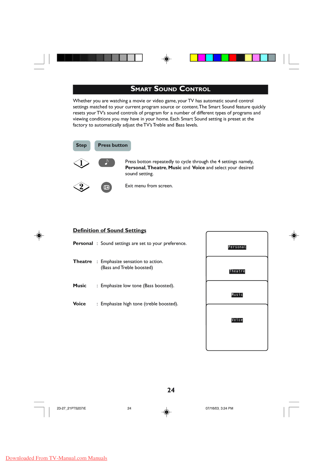 Philips 21PT5107 Smart Sound Control, Definition of Sound Settings, Personal Sound settings are set to your preference 